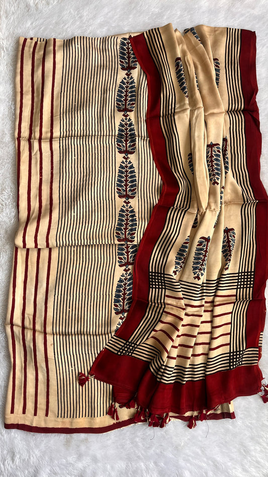 Red and Off white Asopallav Buti Motif Modal Silk Hand Block Print 2pc Suit Material Set