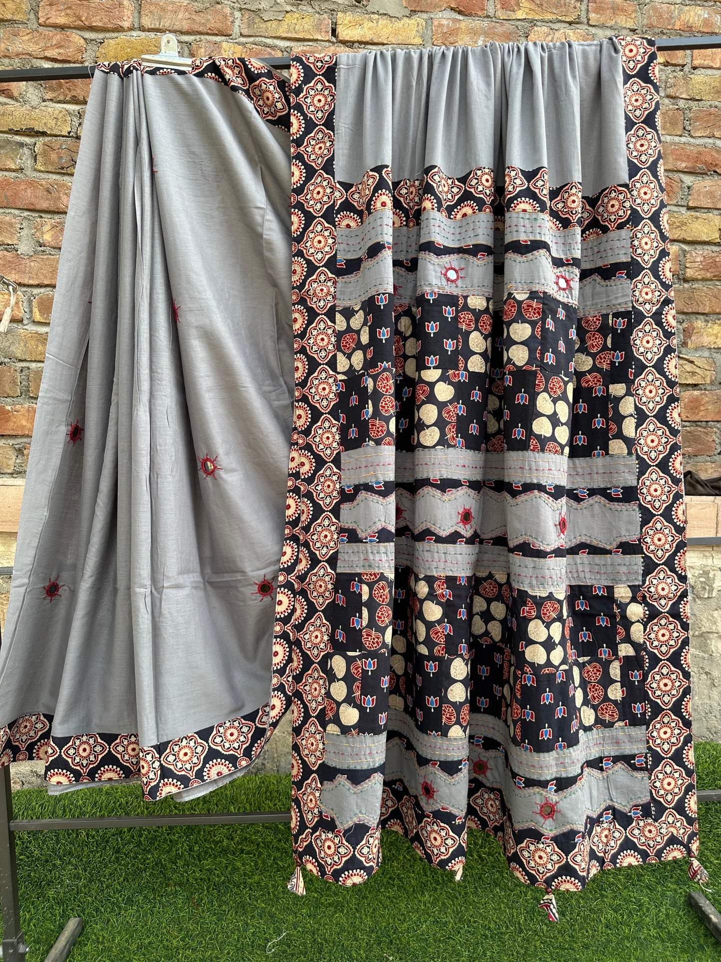 Ash Grey and Black Pure Cotton Saree with Ajrakh Applique Patchwork and Tassels