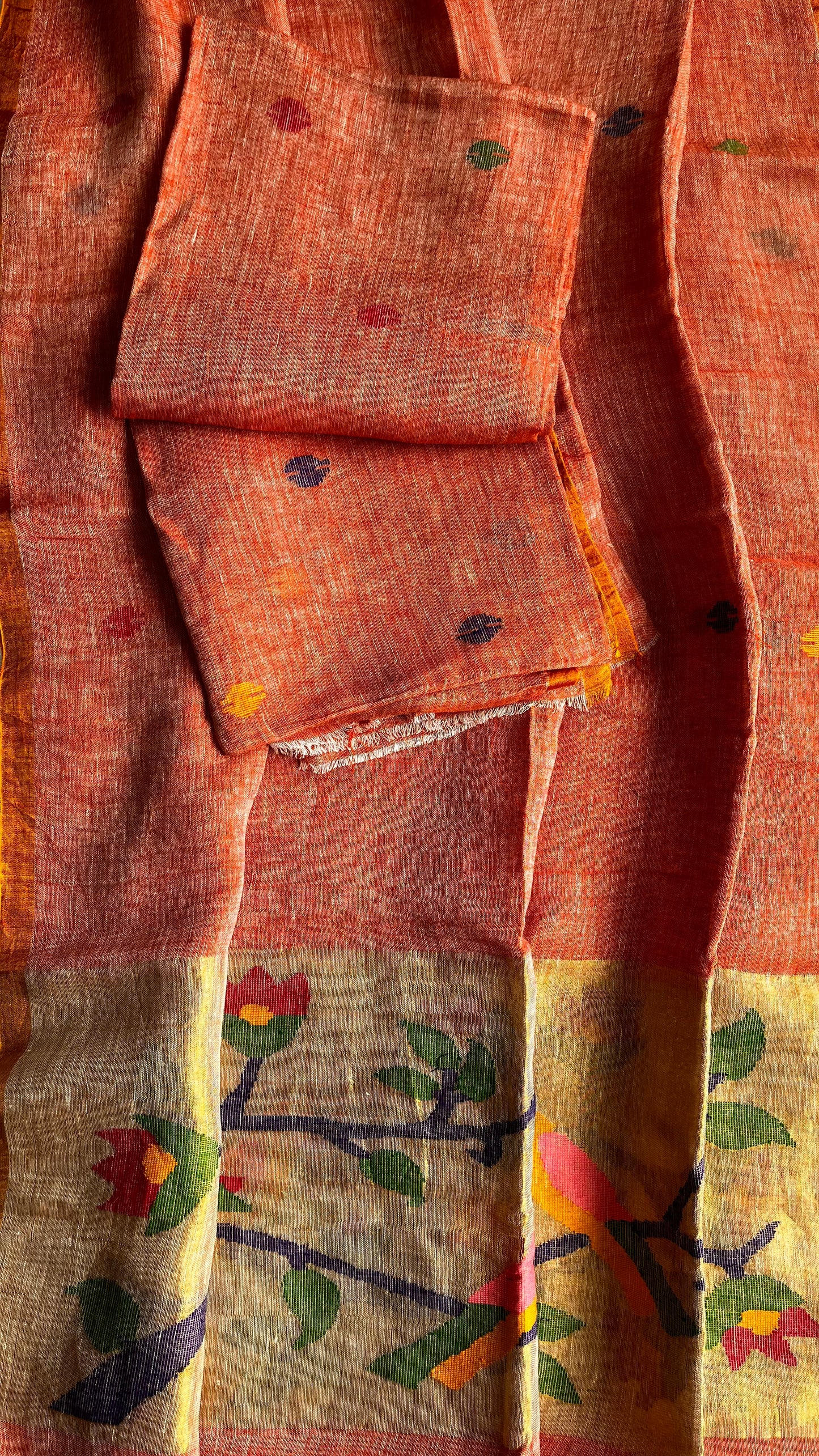 Peach me Please Paithani Unstitched Pure Linen on Linen Hand Woven Daman 2 pc Suit Set
