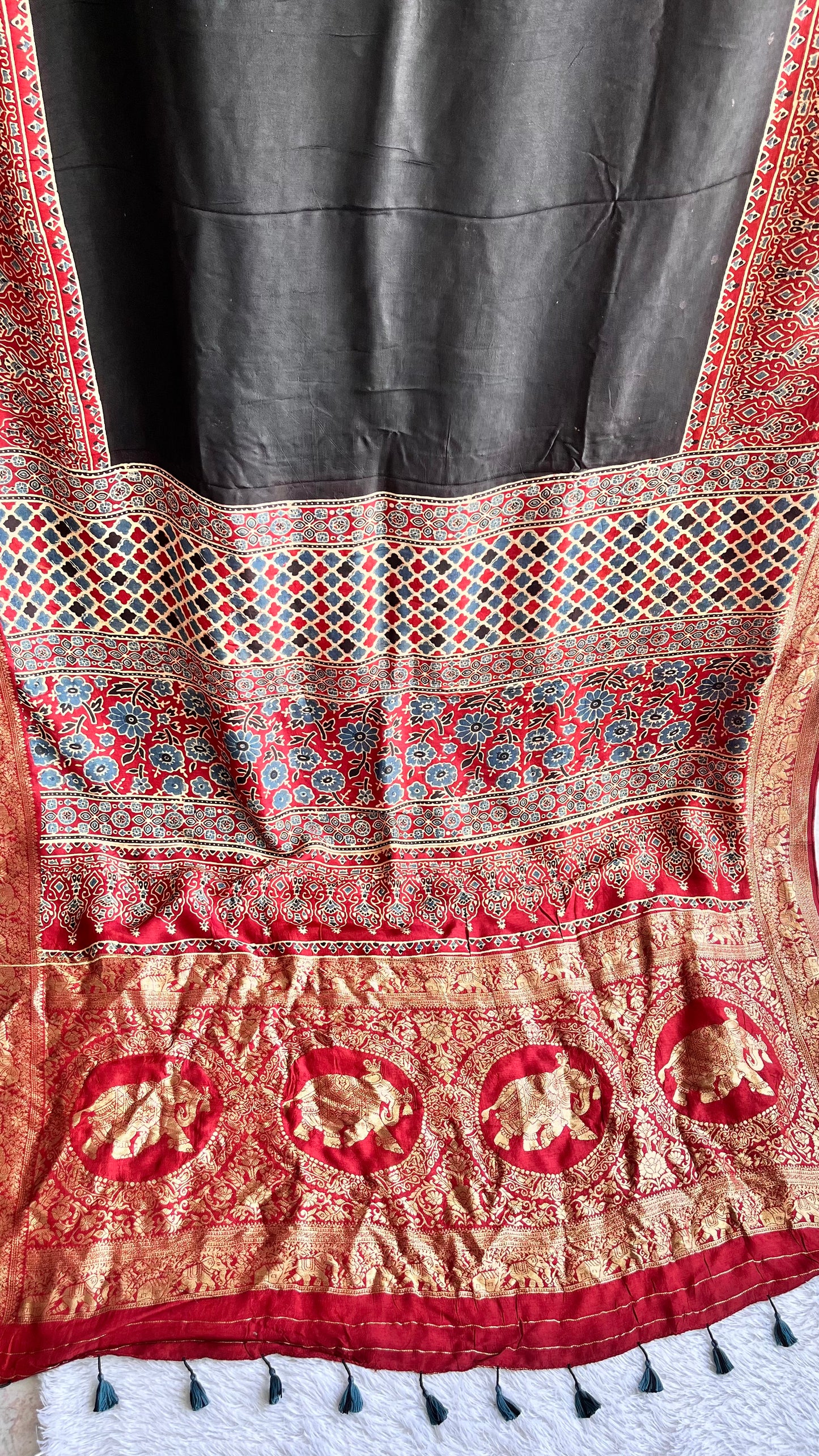 Black and Red Solid Buta Motif Ajrakh Hand Block Dola Silk Saree with Zari Pallu (With Blouse)