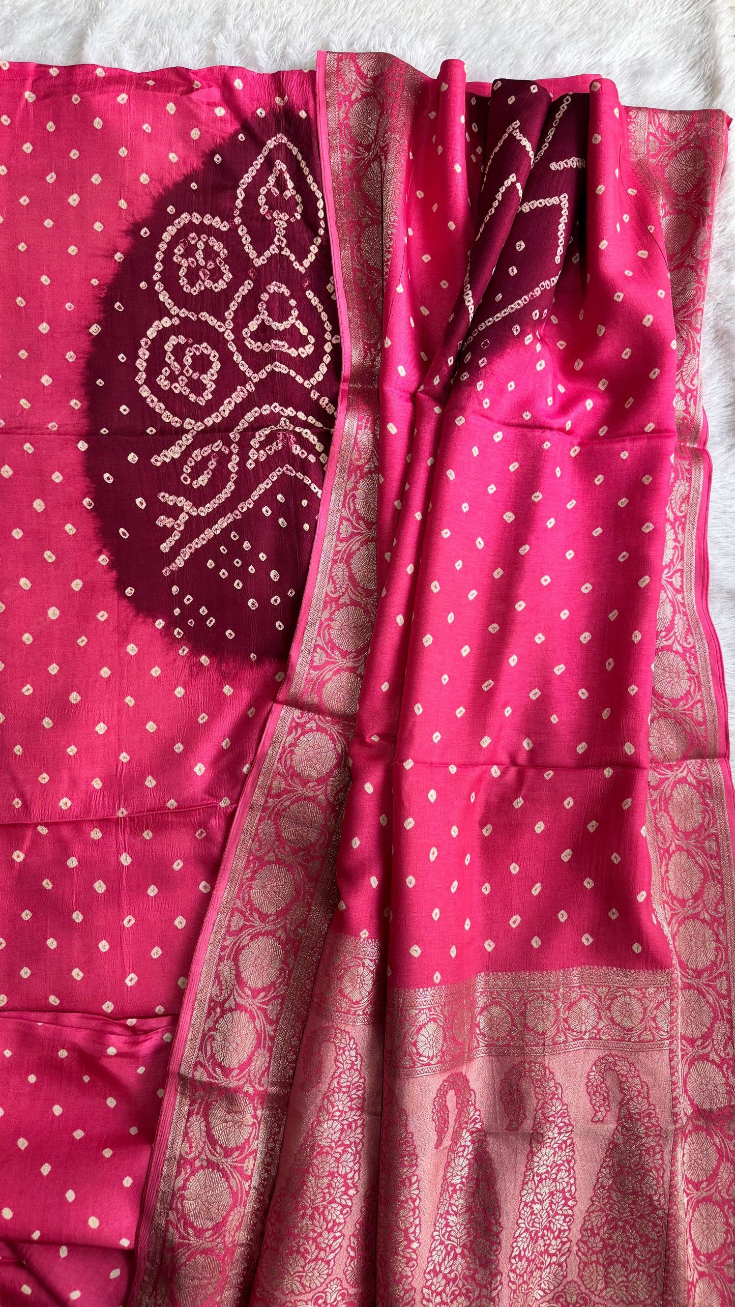 Peach And Maroon Bandhej Pure Dola Silk Ajrakh Hand Block Print 3 pc Suit Material Set with Menakari Yoke and Nakkashi Dupatta and Bottom