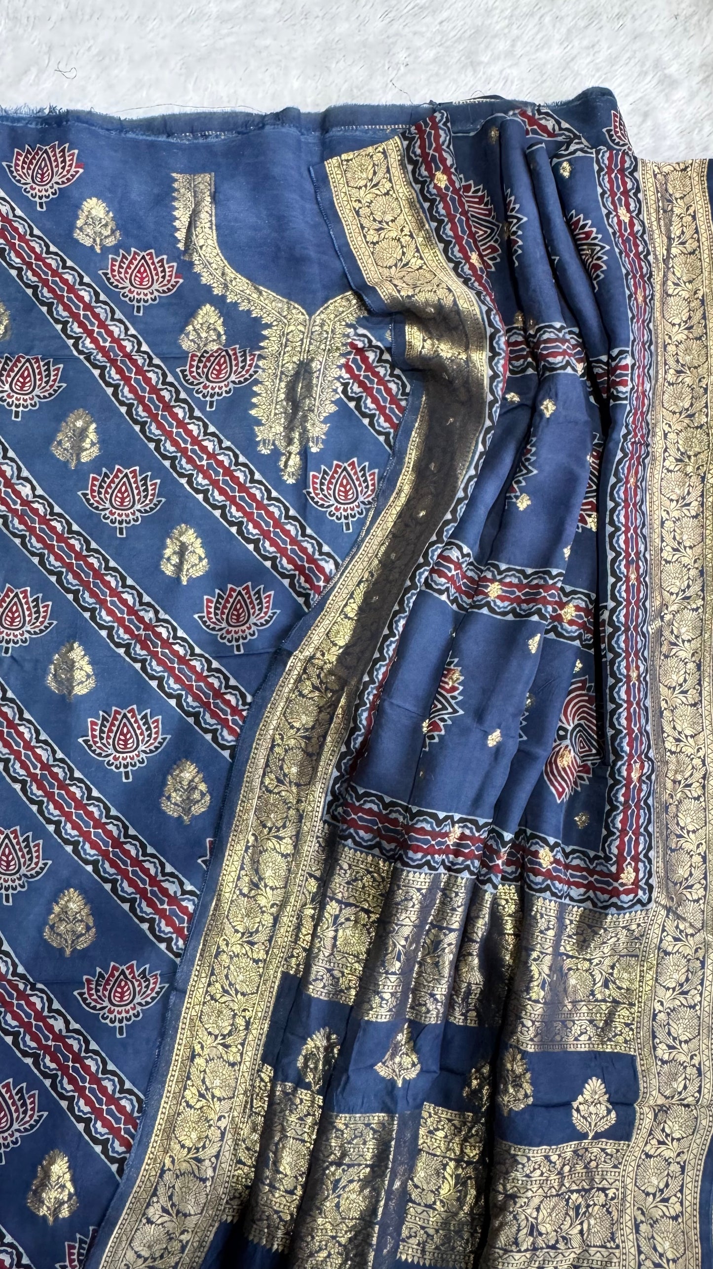 Royal Blue Kamal Boota Pure Dola Silk Ajrakh Hand Block Print 2pc Suit Material Set with Zari Yoke and Nakkashi Dupatta
