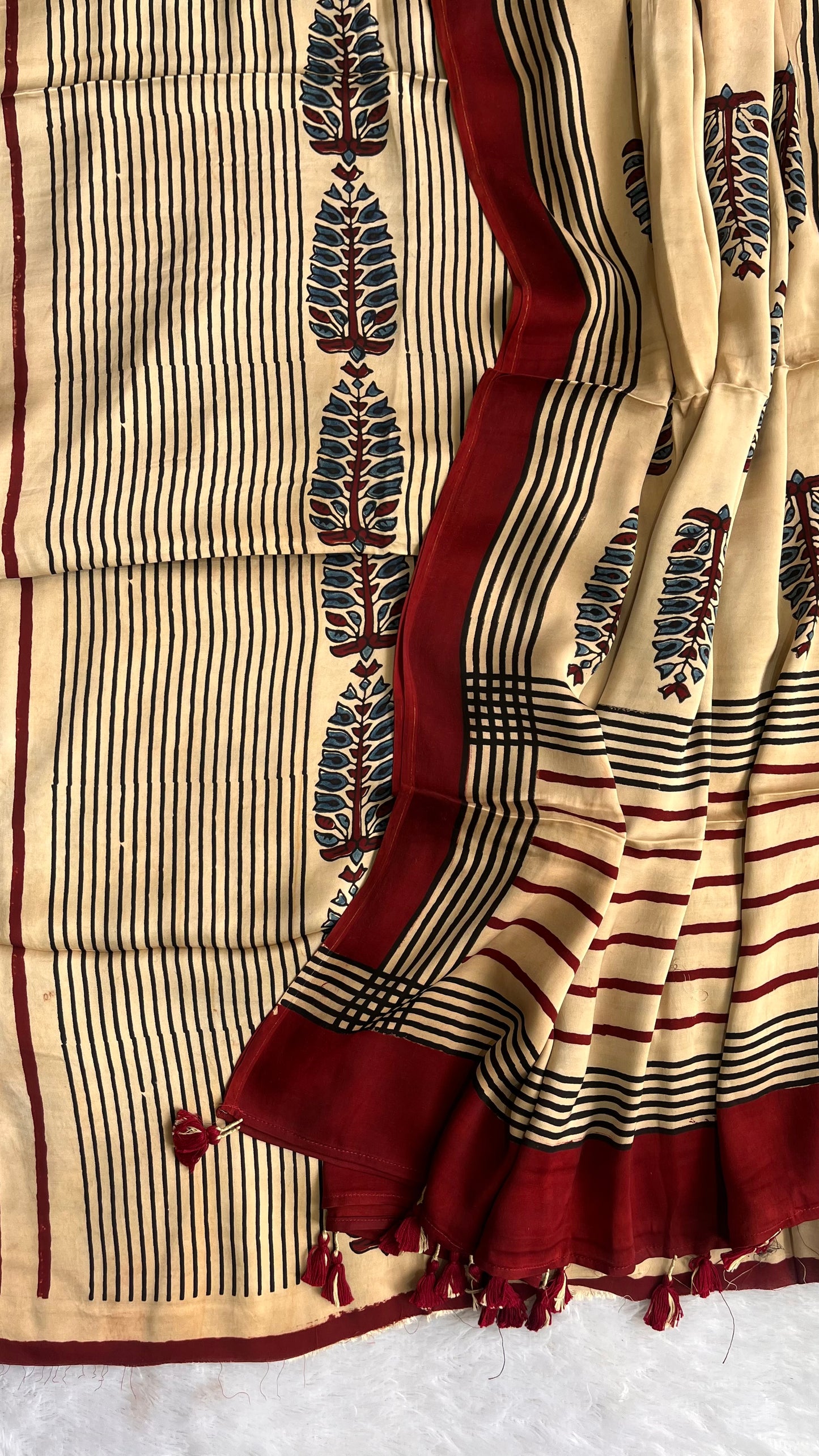 Red and Off white Asopallav Buti Motif Modal Silk Hand Block Print 2pc Suit Material Set