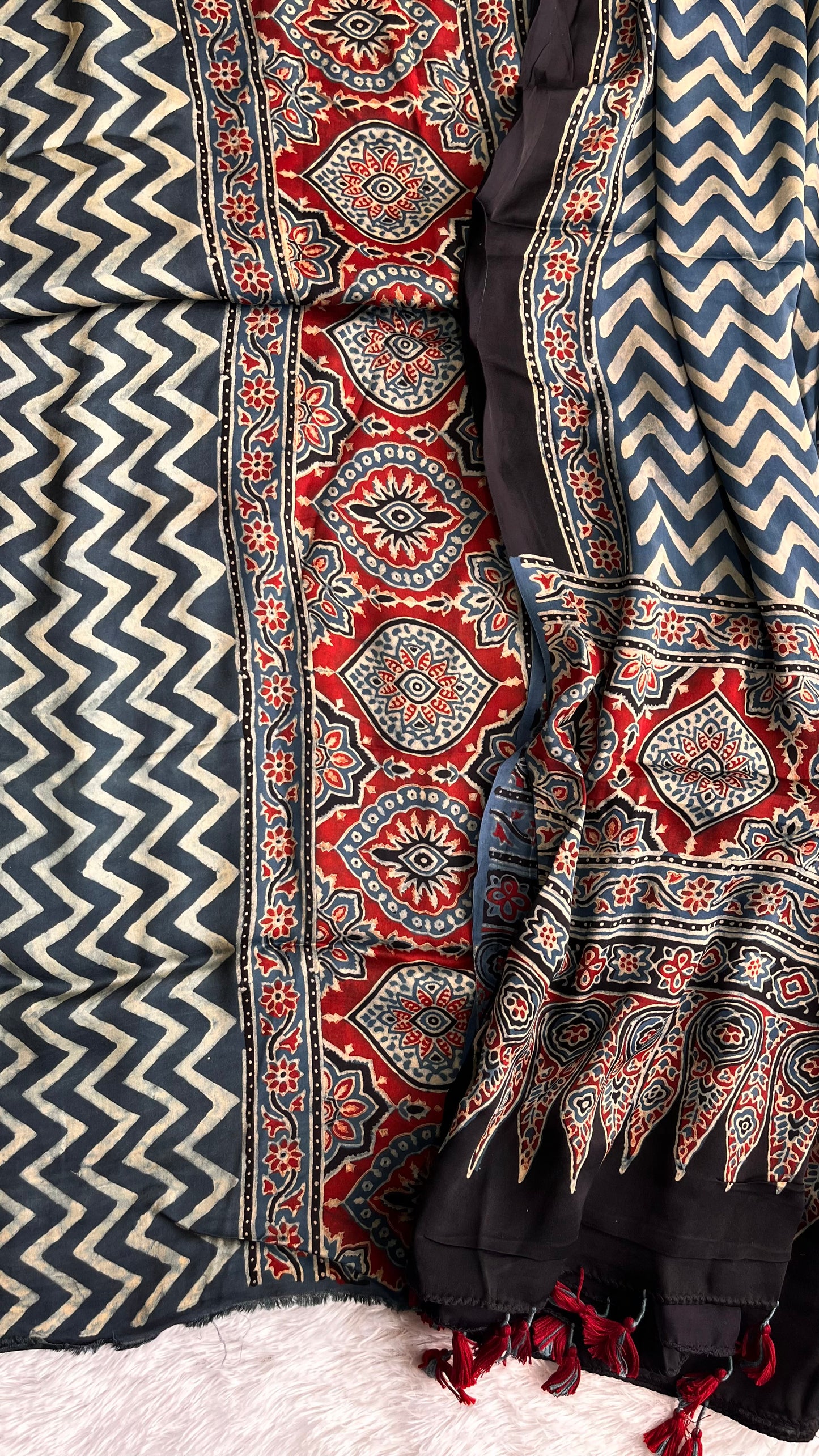 Blue Zigzag and Badaam Buta Motif Modal Silk Ajrakh Hand Block Suit Set