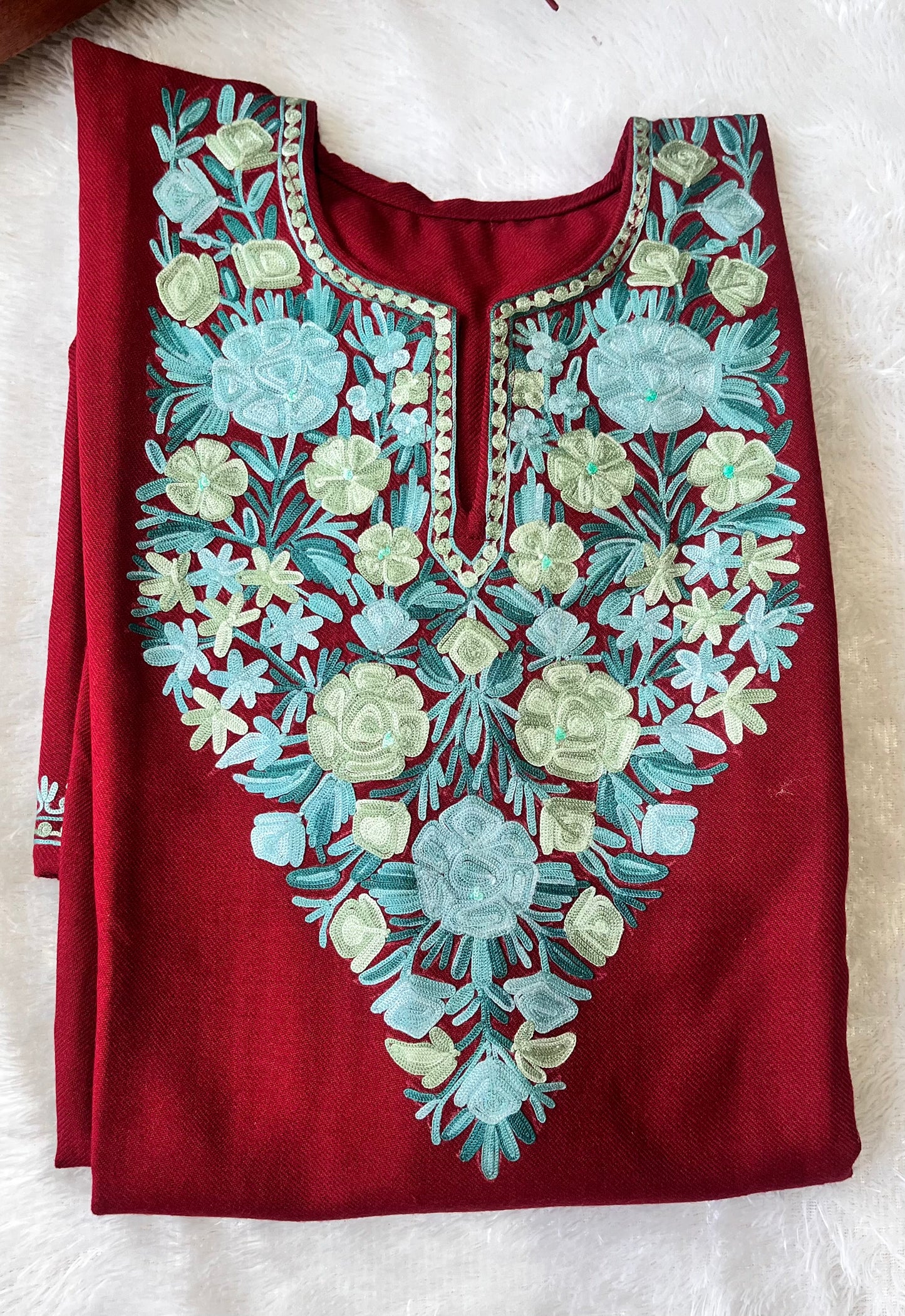 Maroon Shade with Firozi Kashmiri Aari Work Full Embroidered Pheran with Pockets