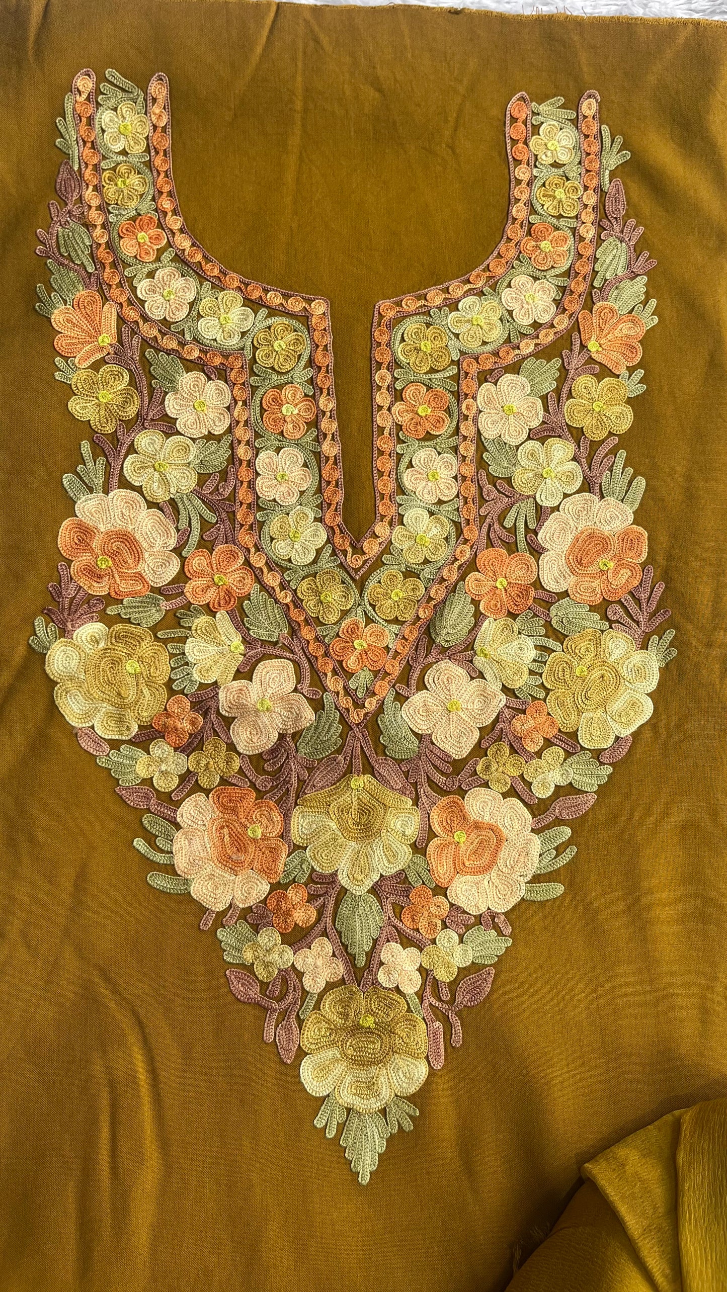 Mustard with Beige Work Muslin Cotton Kashmiri Aari Embroidered 3pc Suit Set