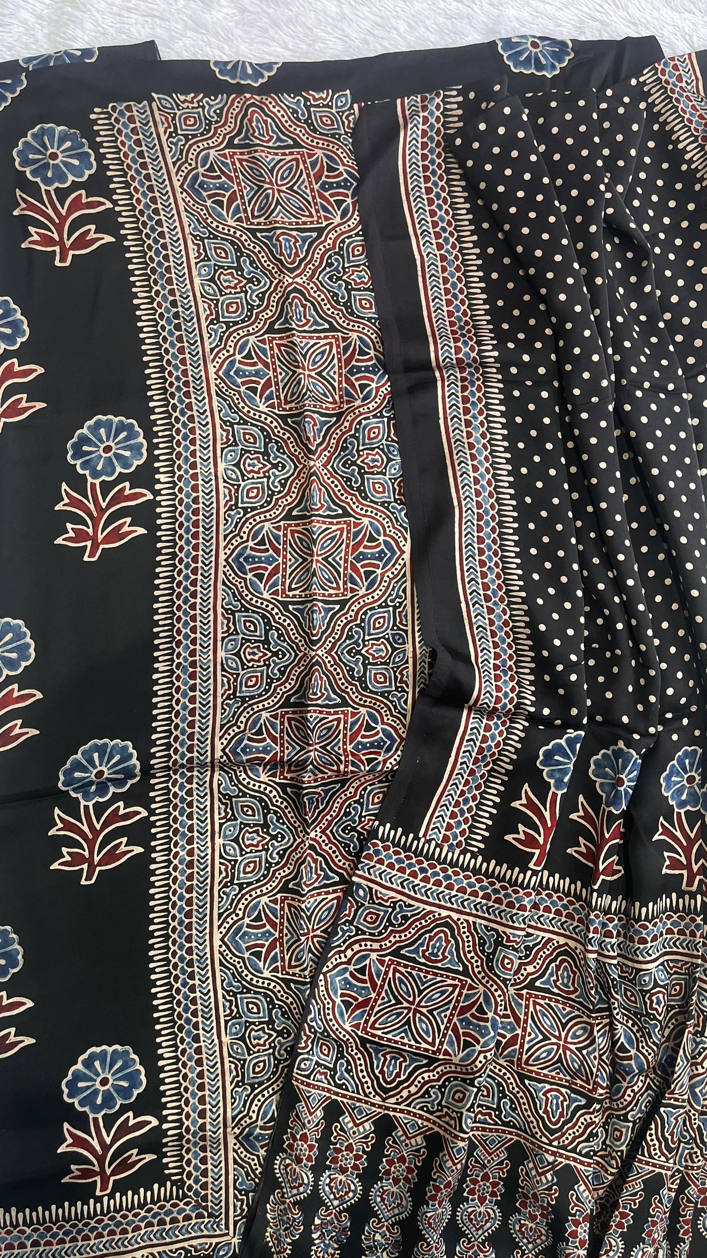 Black Phool Buta Print Modal Silk Ajrakh Natural Dyed Hand Block Print 2pc Suit Material Set