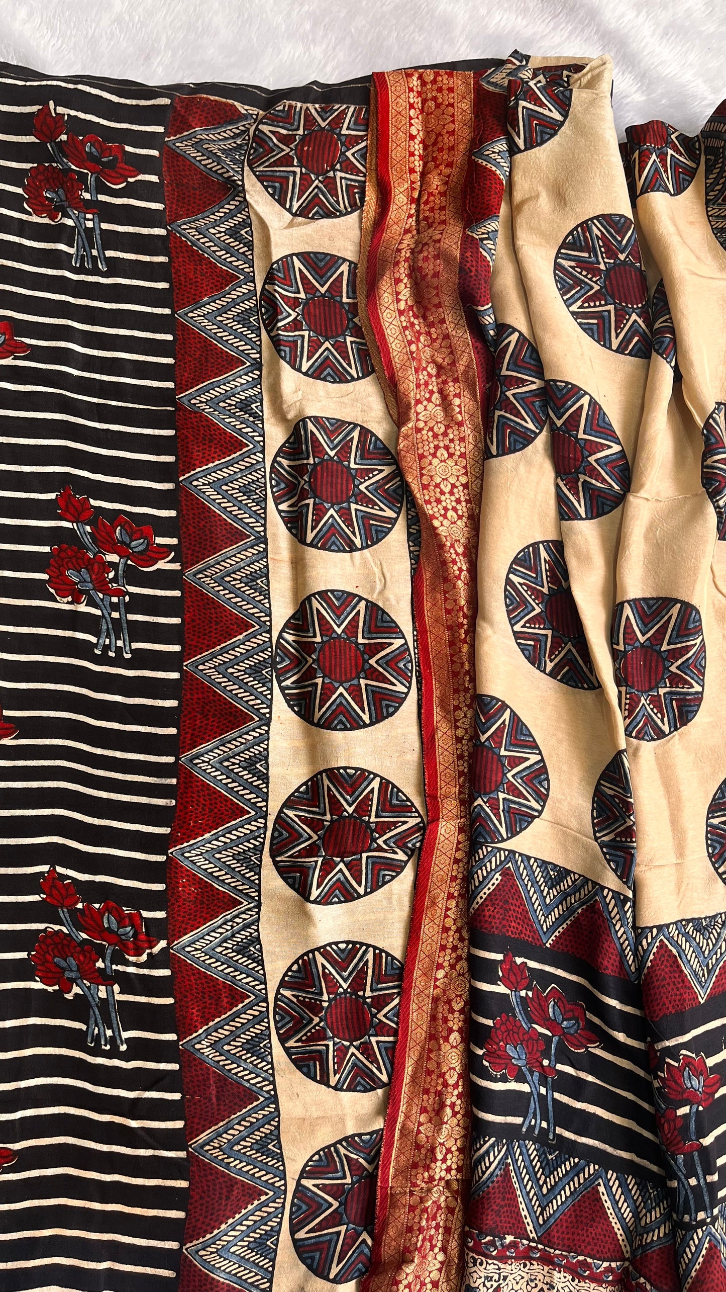 Deep Red and Black Dola Silk Ajrakh 2 pc Suit Set with Nakkashi Work