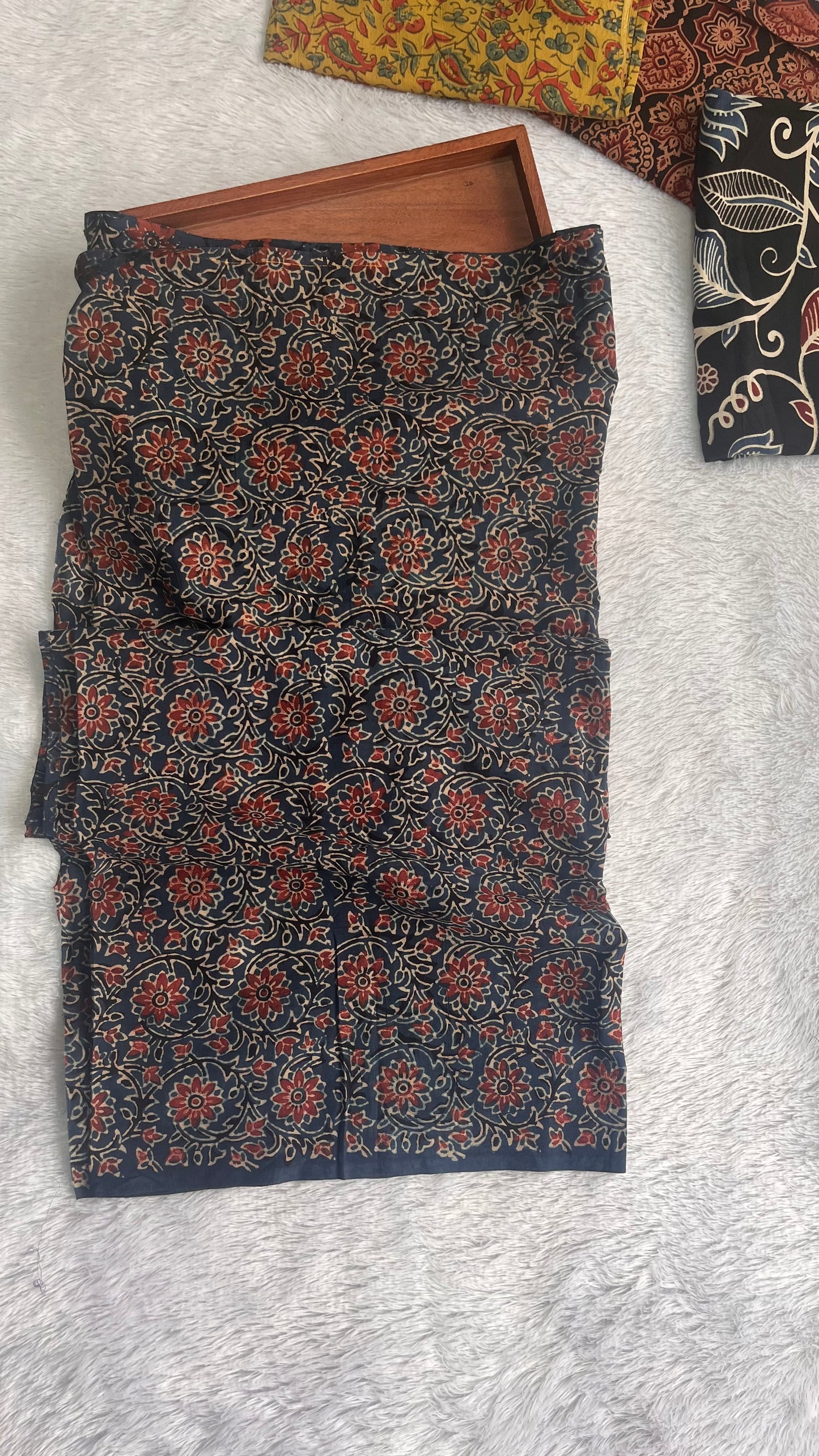 Blue Floral Motif Ajrakh Hand Block Printed Cotton Blouse Fabric