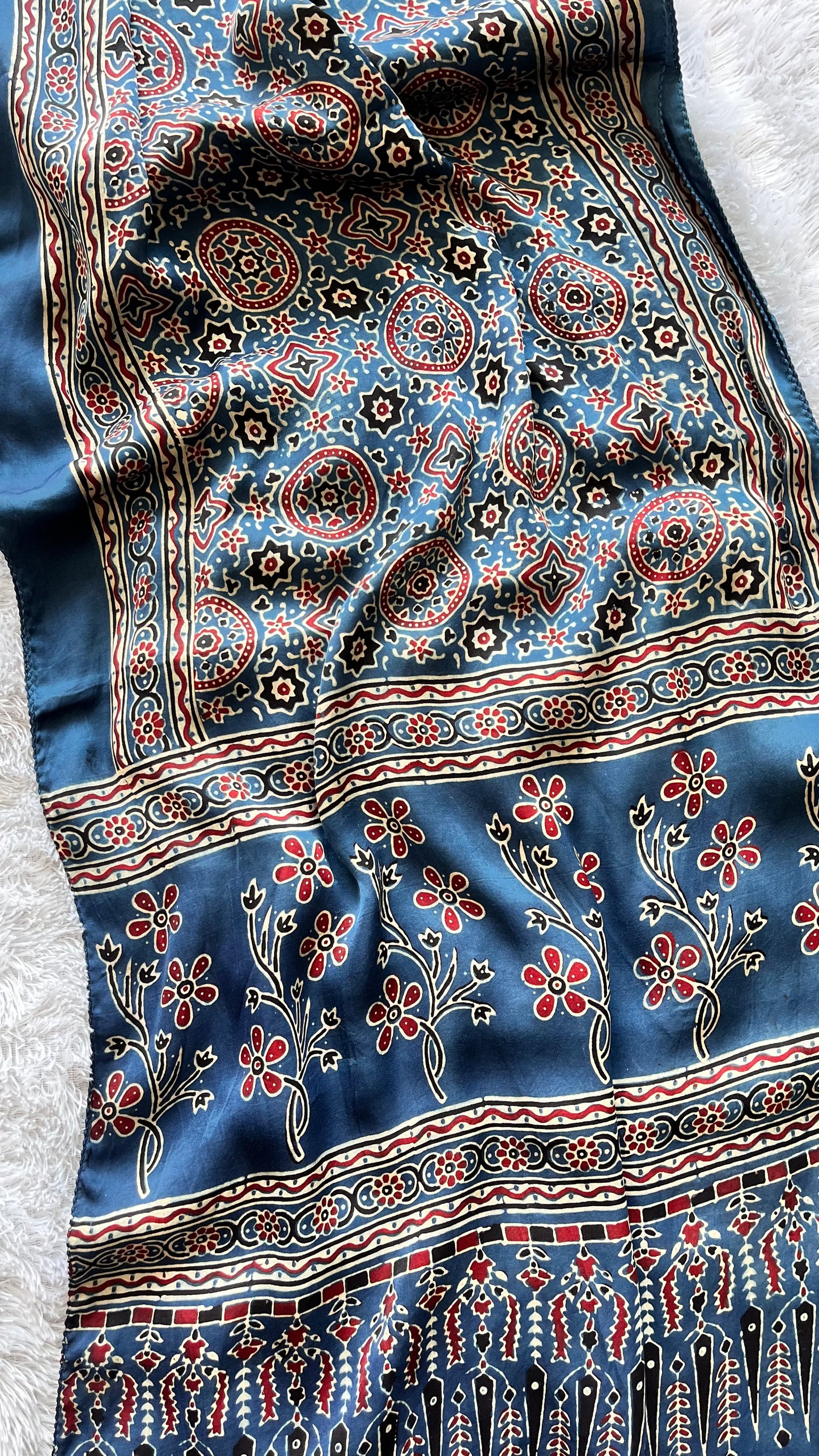 Blue Grid Motif Ajrakh Hand Block Print Modal Silk Stole with Tassels