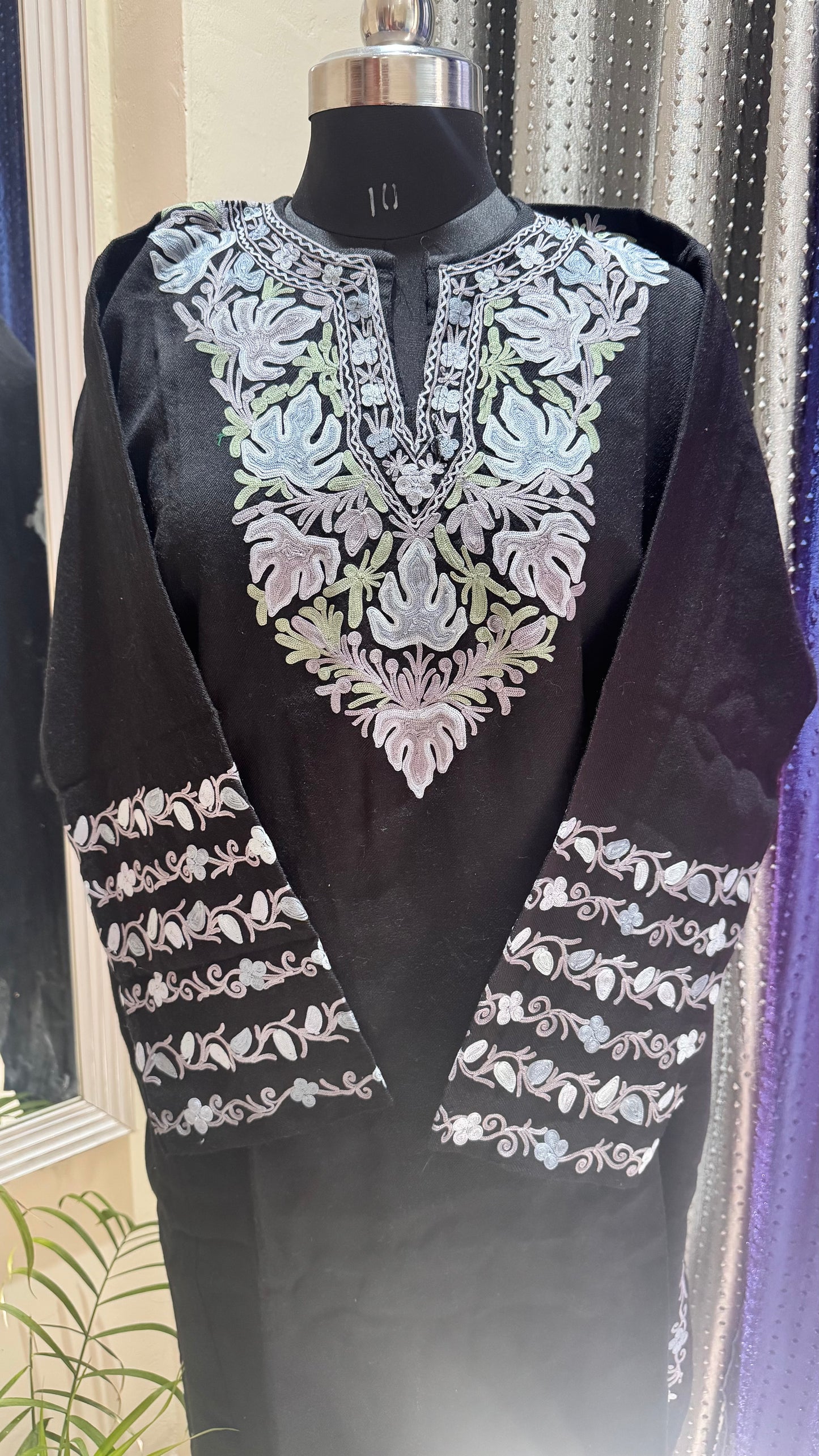 Jet Black Chinar Hand Embroidered Pure Marino Wool Kashmiri Pheran with Pockets and Hand Embroidered Sleeves (Size 52”)