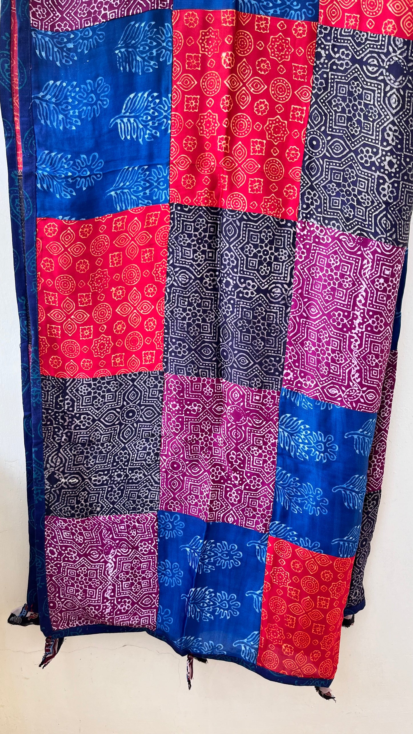 Multicolour Ajrakh Applique Patchwork Modal Silk Kantha Work Dupatta with Tassels and Mirror-work