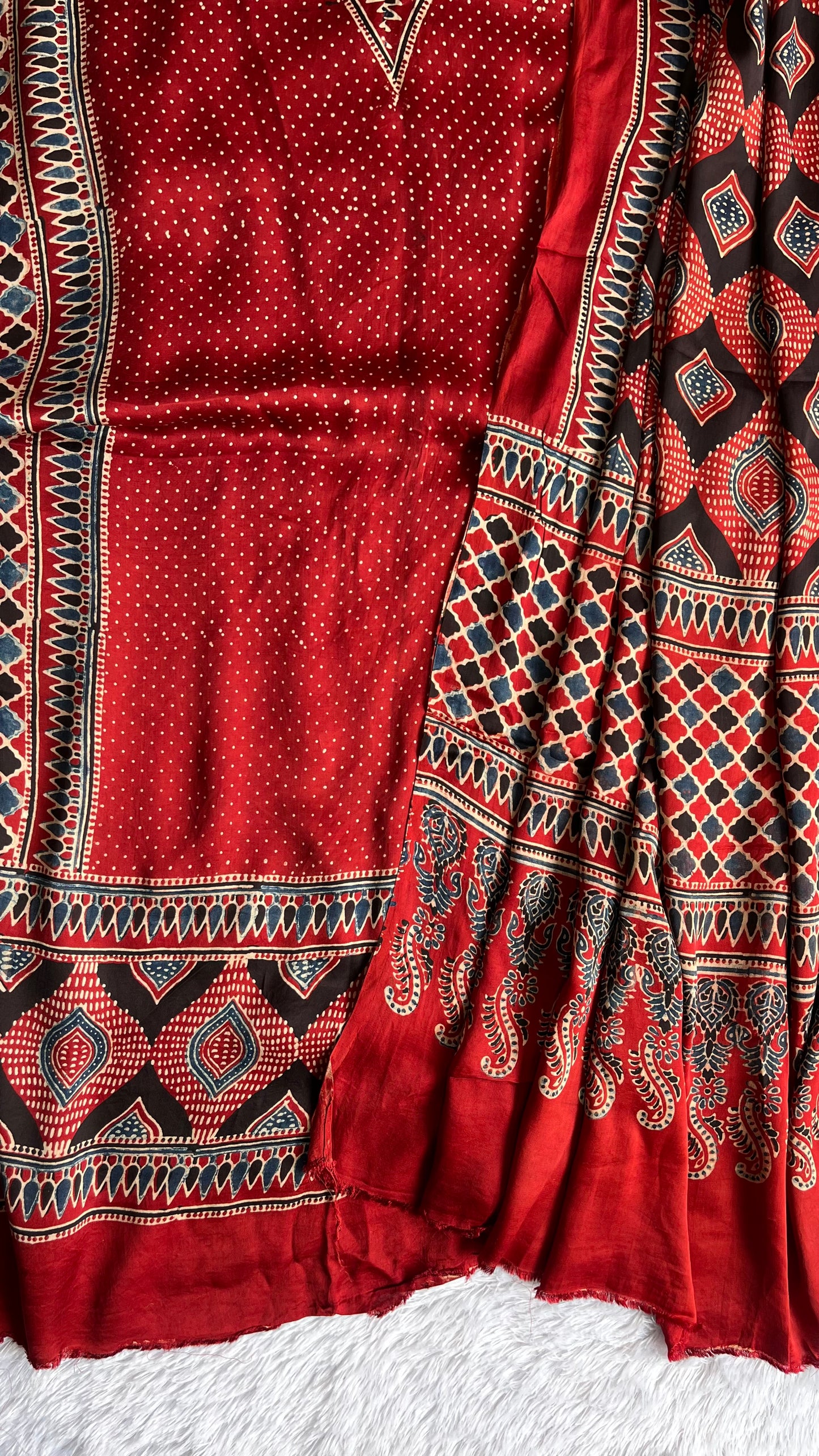Deep Red Grid Print Ajrakh Motif Modal Silk 2pc Suit Set Material
