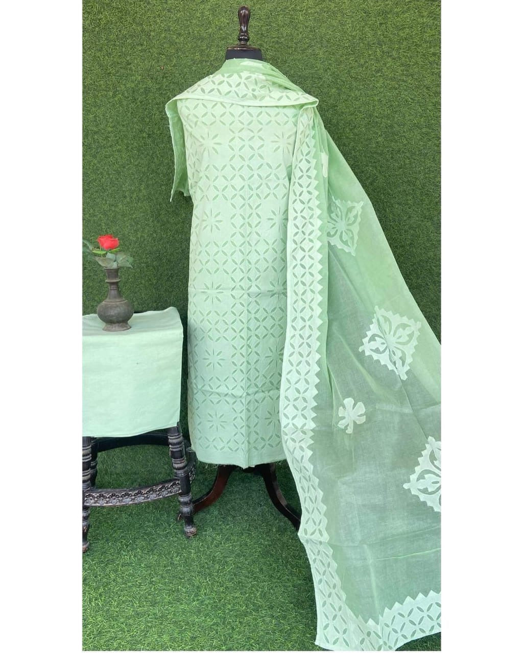 Mint Green Barmer Applique Cut Work Cotton 3pc Suit Material Set