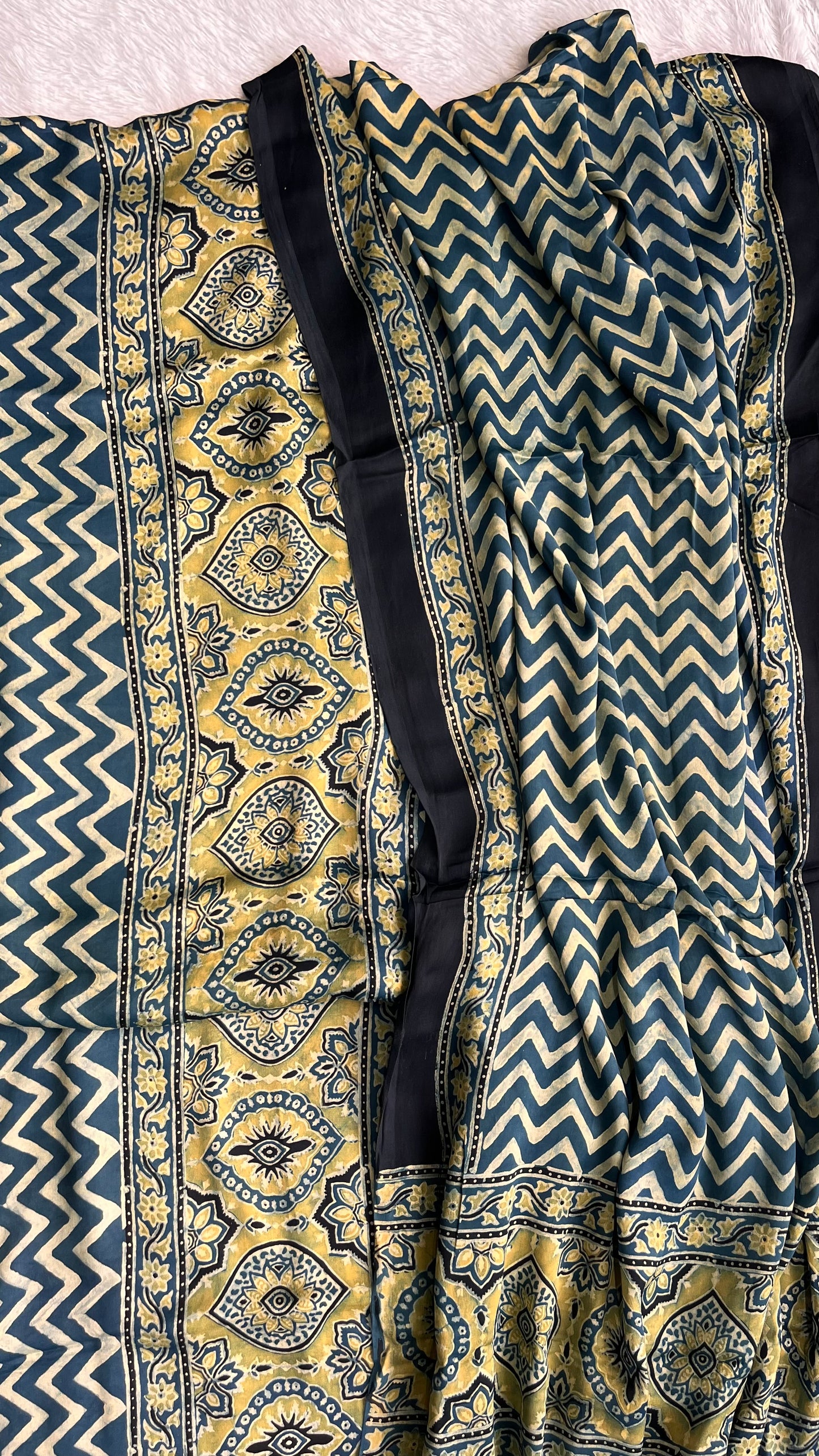 Indigo Zigzag and Badaam Buti Modal Silk Hand Block Print 2pc Suit Material Set