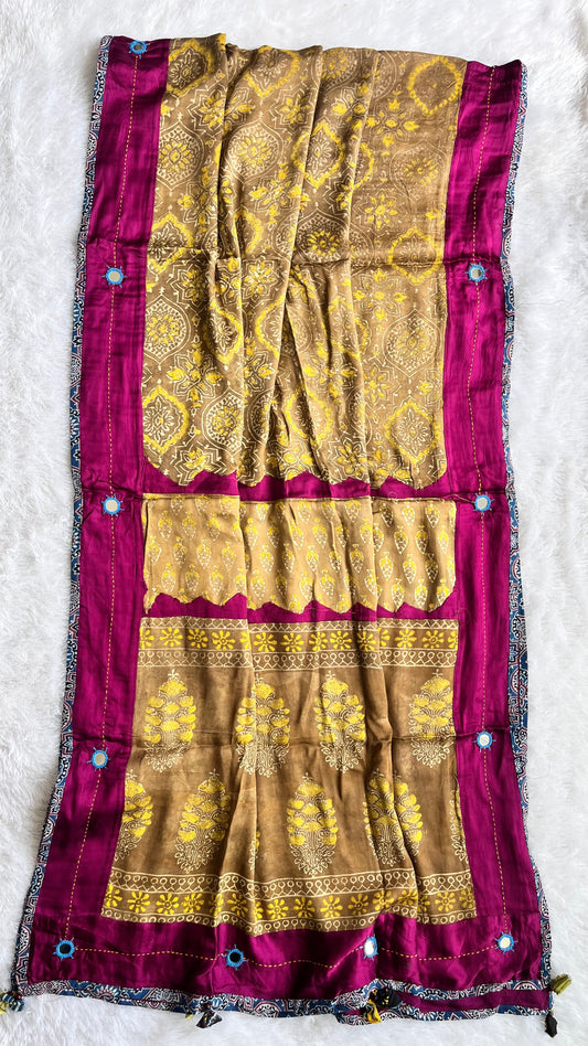 Mitti Shade Ajrakh Applique Patchwork Modal Silk Kantha Work Dupatta with Tassels and Mirror-work