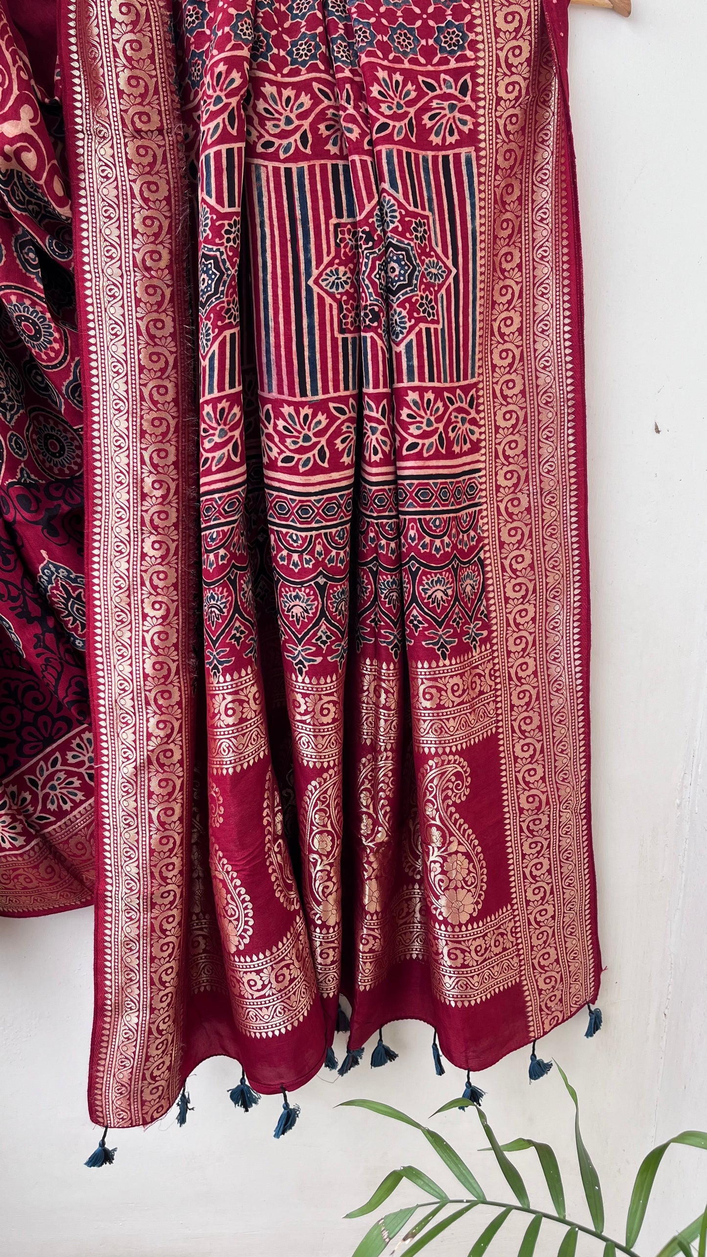 Maroon and Red Abstarct Buta Motif Ajrakh Hand Block Dola Silk Saree with Zari Pallu (With Blouse)