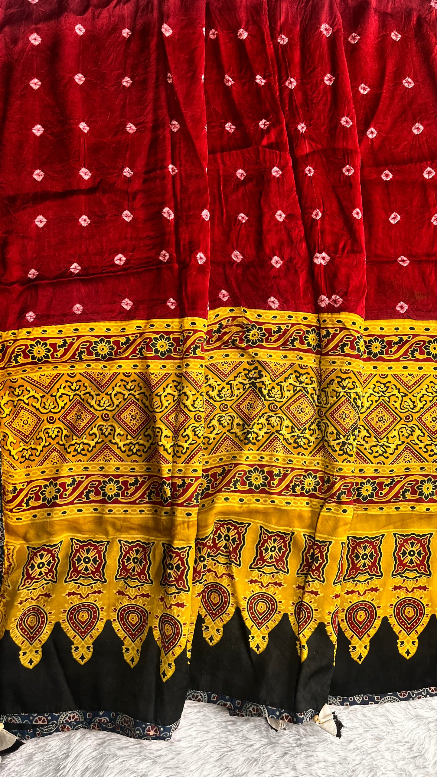 Maroon and Yellow Ajrakh Applique Patchwork Modal Silk Kantha Work Dupatta with Tassels