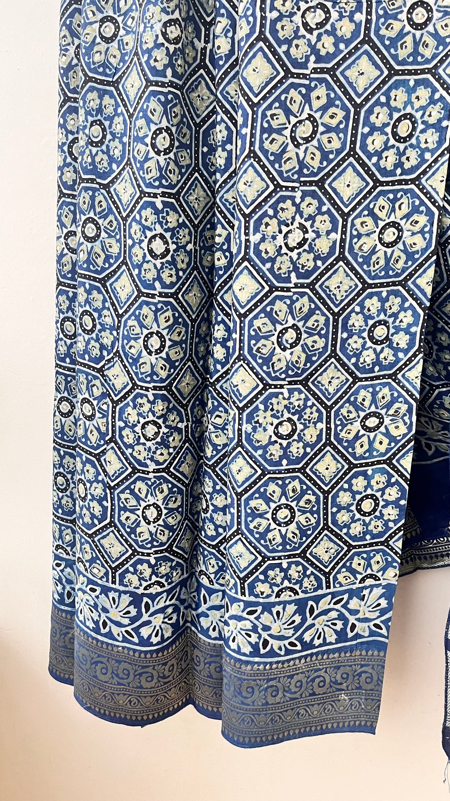 Indigo Jaal and Kamdhenu Buta Motif Ajrakh Hand Block Dola Silk Saree with Zari Pallu (With Blouse)
