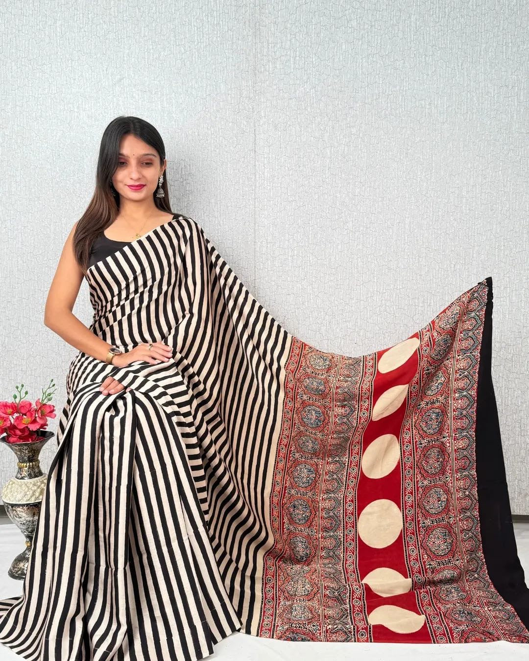 Viral Black Stripe Ajrakh Hand Block Natural Dye Modal Silk Saree With Blouse