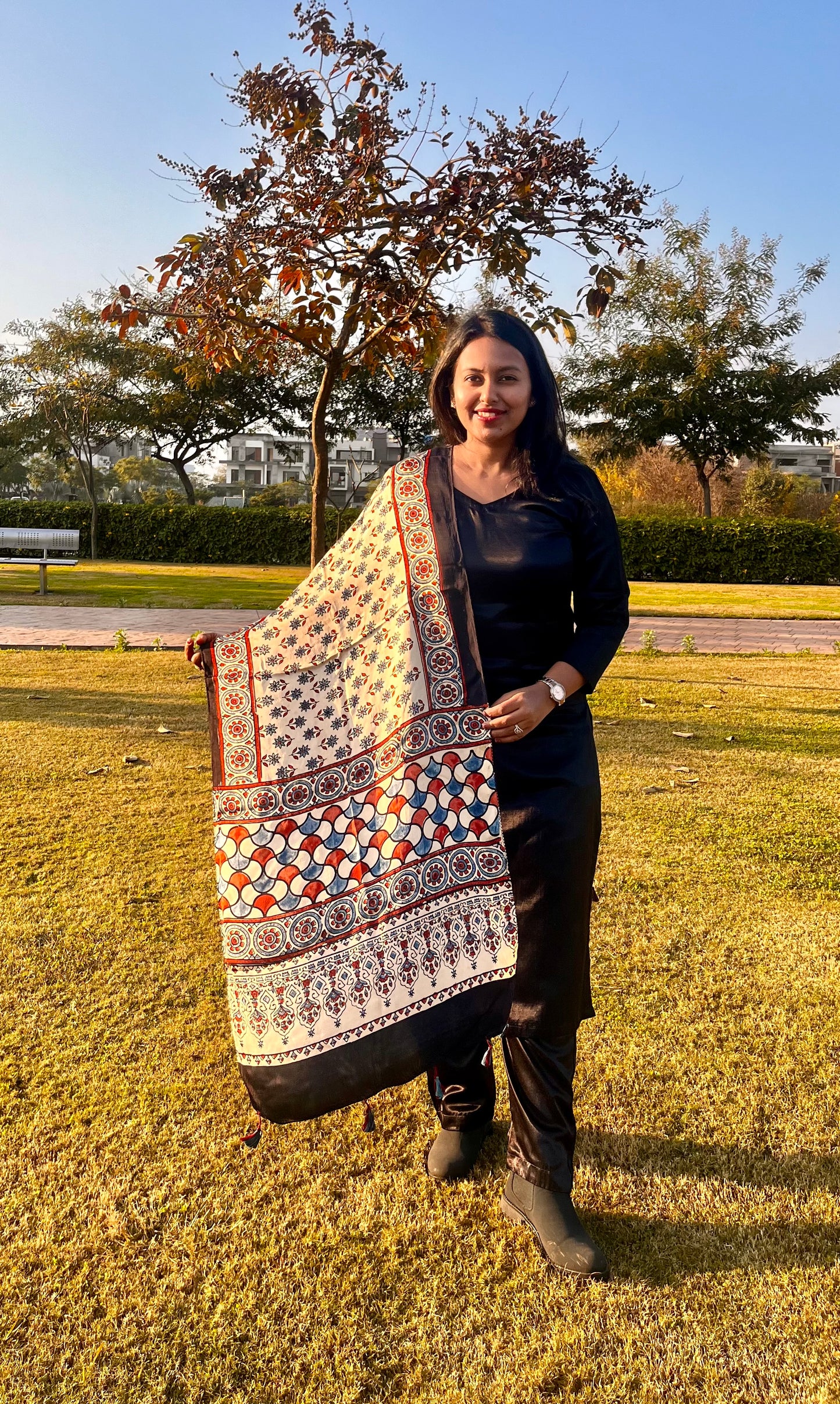 Cream shade Booti Motif Ajrakh Hand Block Print Modal Silk Stole with Tassels