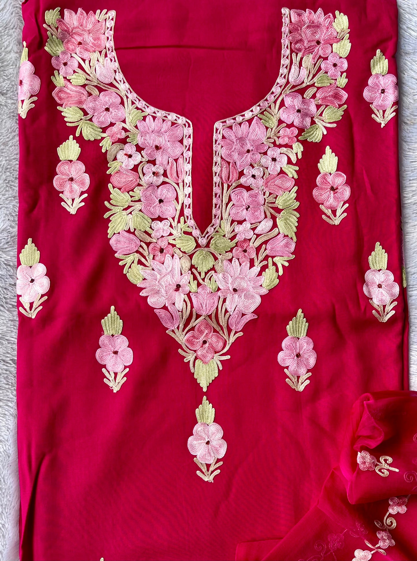 Hot Pink Muslin Cotton Kashmiri Aari Full Embroidered 3pc Suit Set