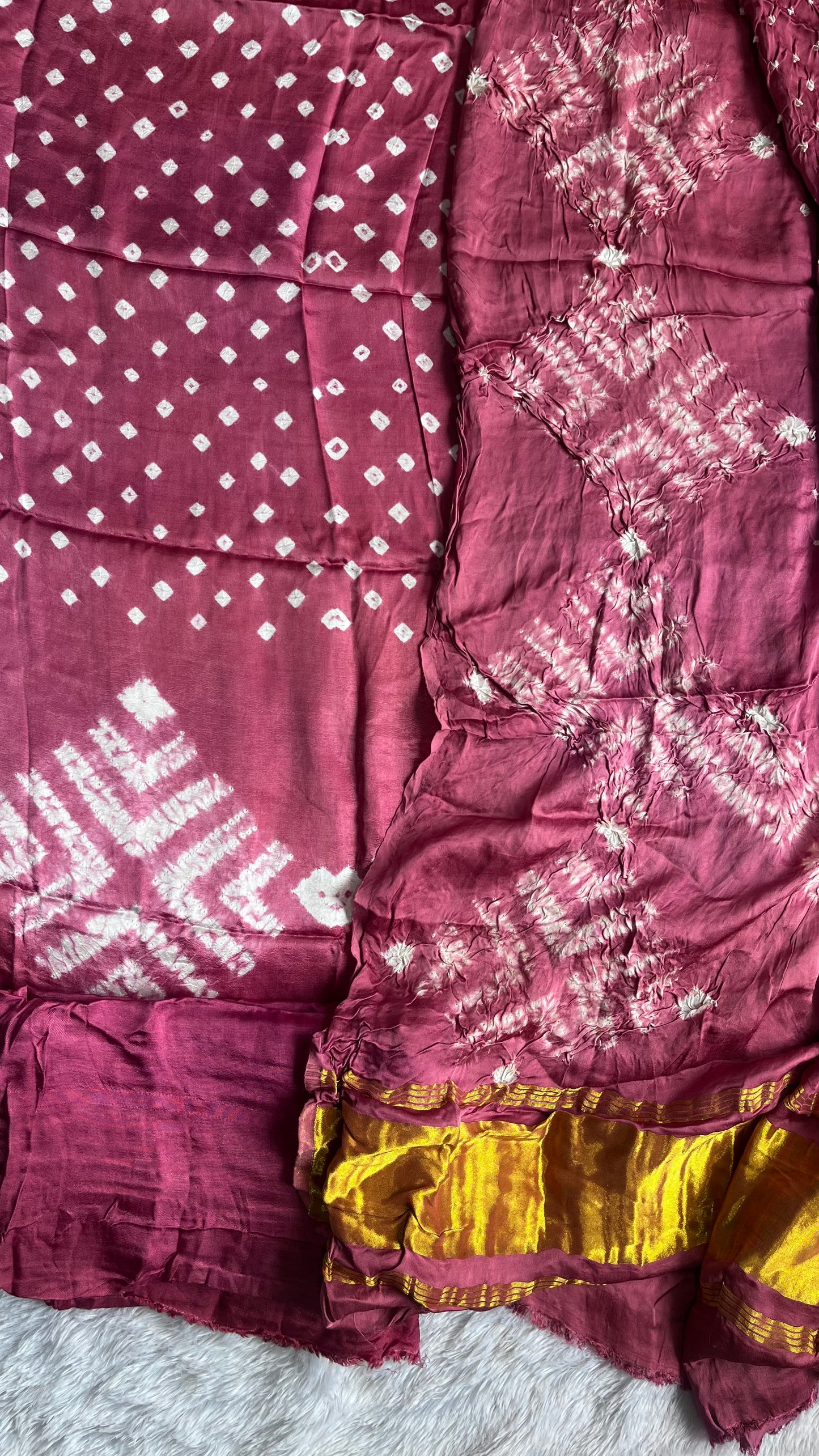 Rose Pink Bandhej Semi Modal Silk 3 pc Suit Set with Lagdi Patti Dupatta
