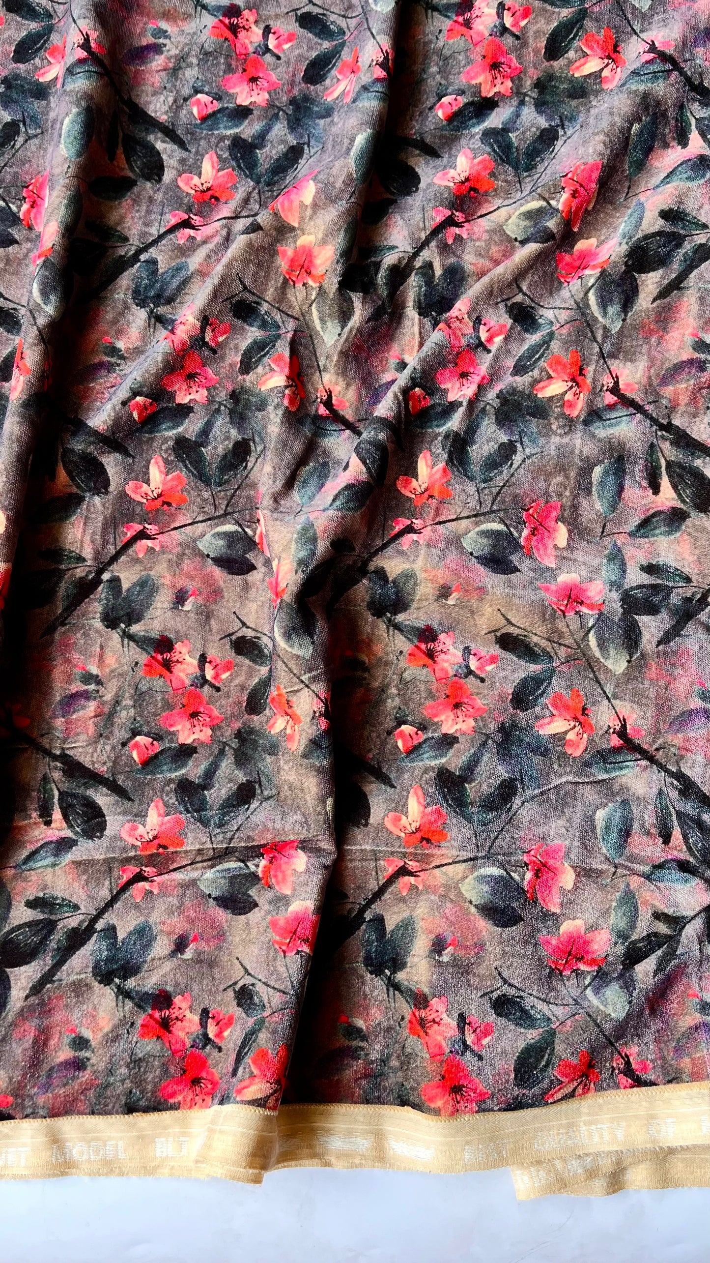 Chocolate Colour Leaf Print Pure Velvet Fabric