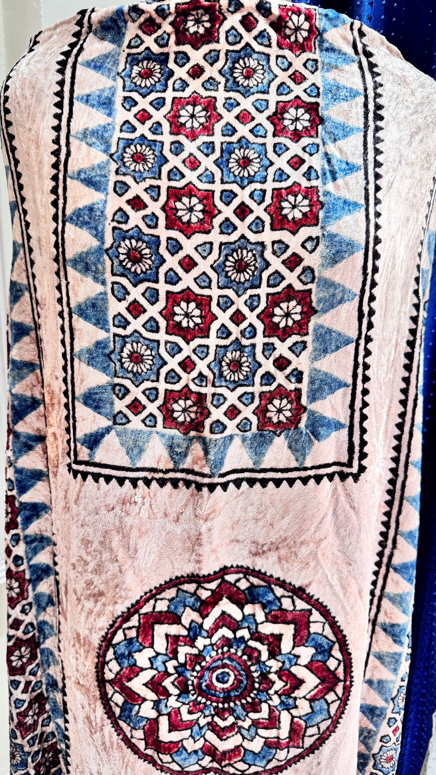 Off White with Indigo Blue and Red Buta Velvet Fabric Ajrakh Hand Block Print Designer Unstitched Fabric (Kurta Only)
