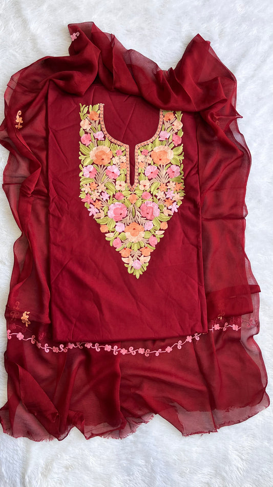 Magnetic Maroon Muslin Cotton Kashmiri Aari Embroidered 3pc Suit Set