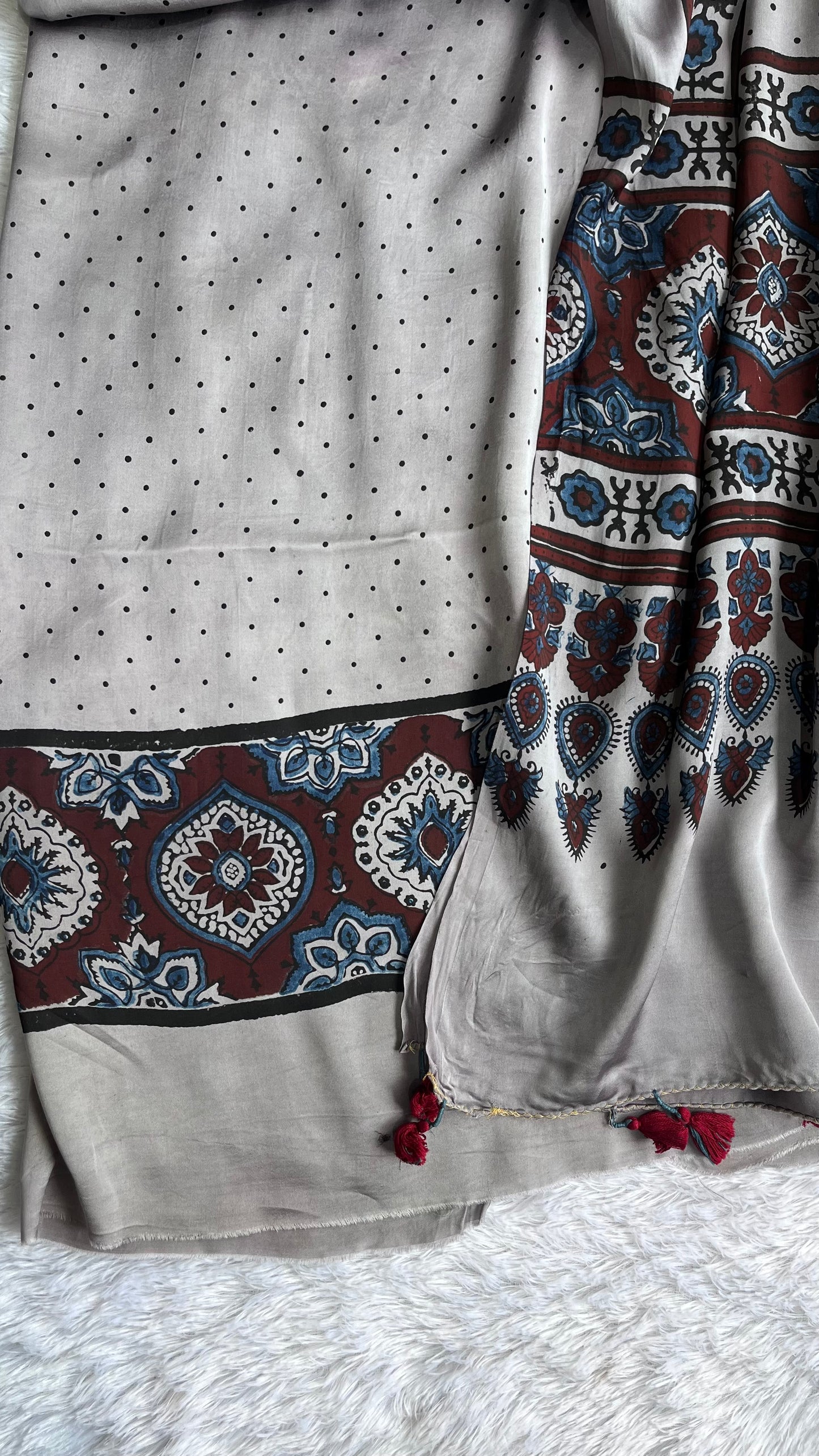 Steel Grey Shade Polka and Buti Motif Modal Silk Hand Block Print 2pc Suit Material Set