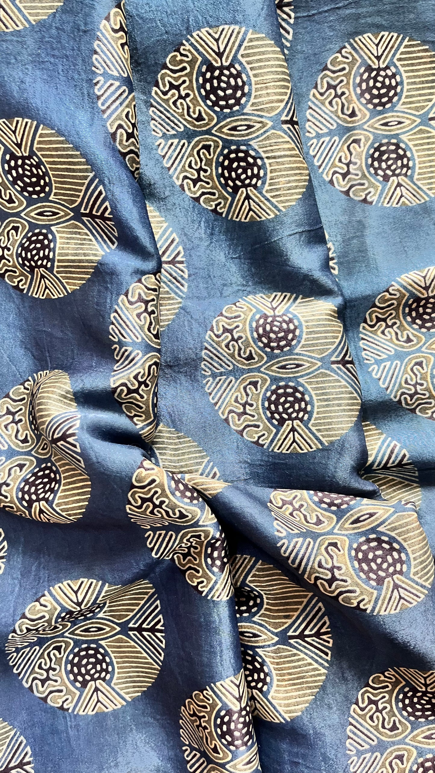 Indigo Circle Motif Ajrakh Mashru Silk fabric