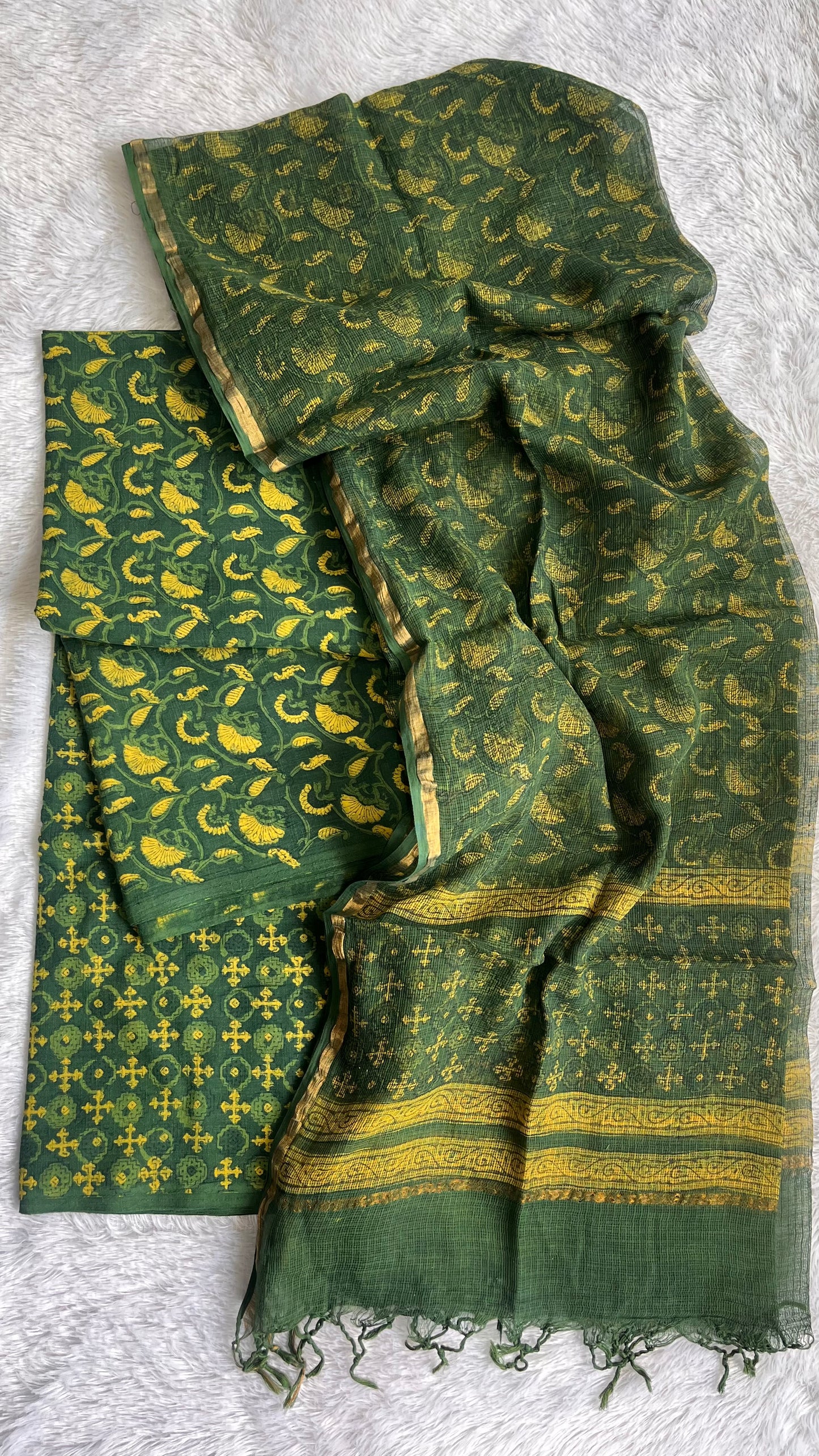 Akola Green and Yellow Flower Boota Pure Cotton Suit Set with Kota Doria Dupatta