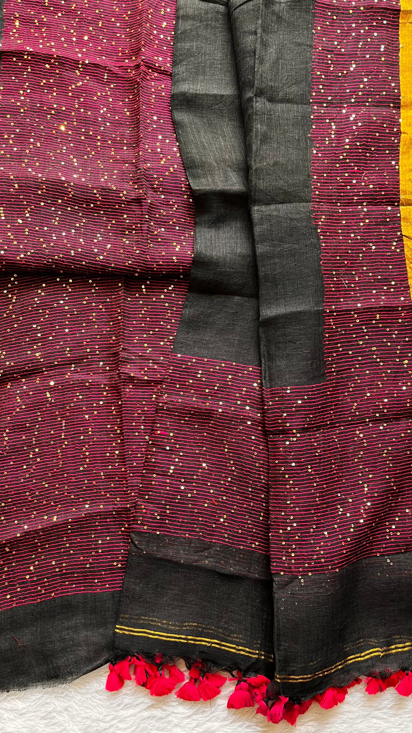 Midnight Black Pure Linen on Linen Hand Woven Suit Set with Sequins Work and Tassels