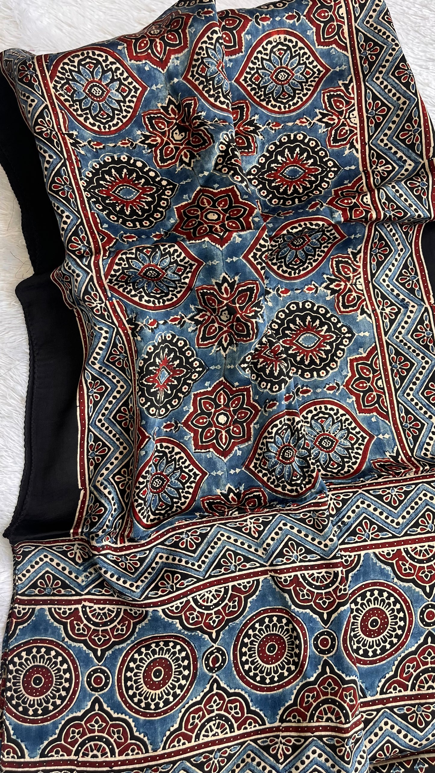 Blue and Black Badaam Buti Motif Ajrakh Hand Block Print Modal Silk Stole with Tassels