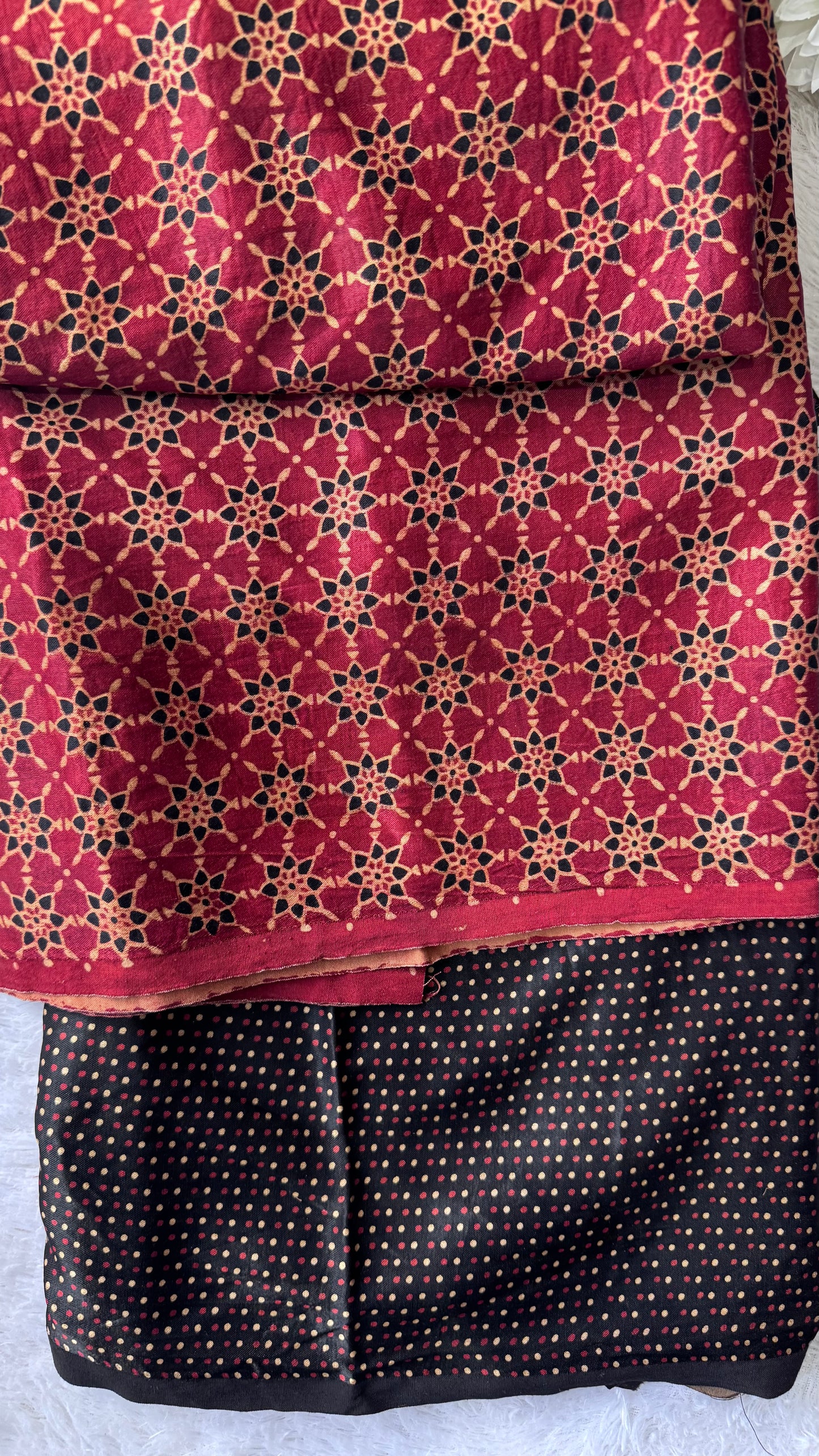 Maddar Red and Black Jaal Motif Ajrakh Mashru Silk Kurta Pant Fabric