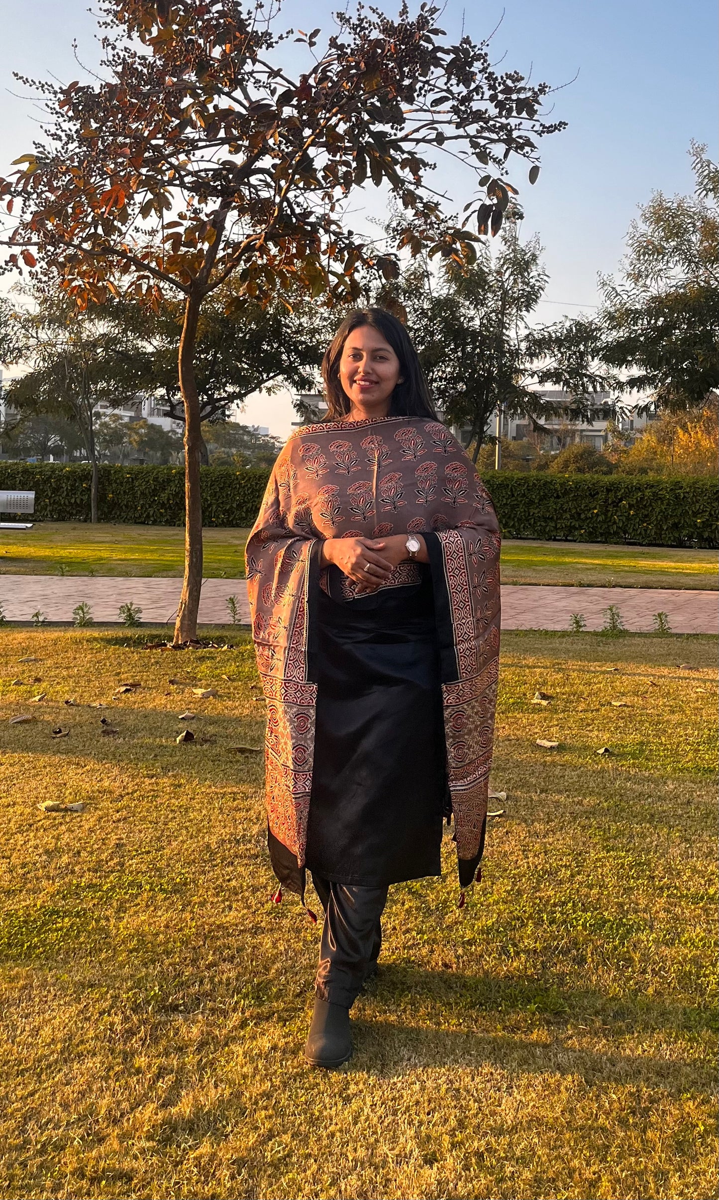 Rust Rasin Mugal Boota Pattern Ajrakh Hand Block Print Modal Silk Stole with Tassels