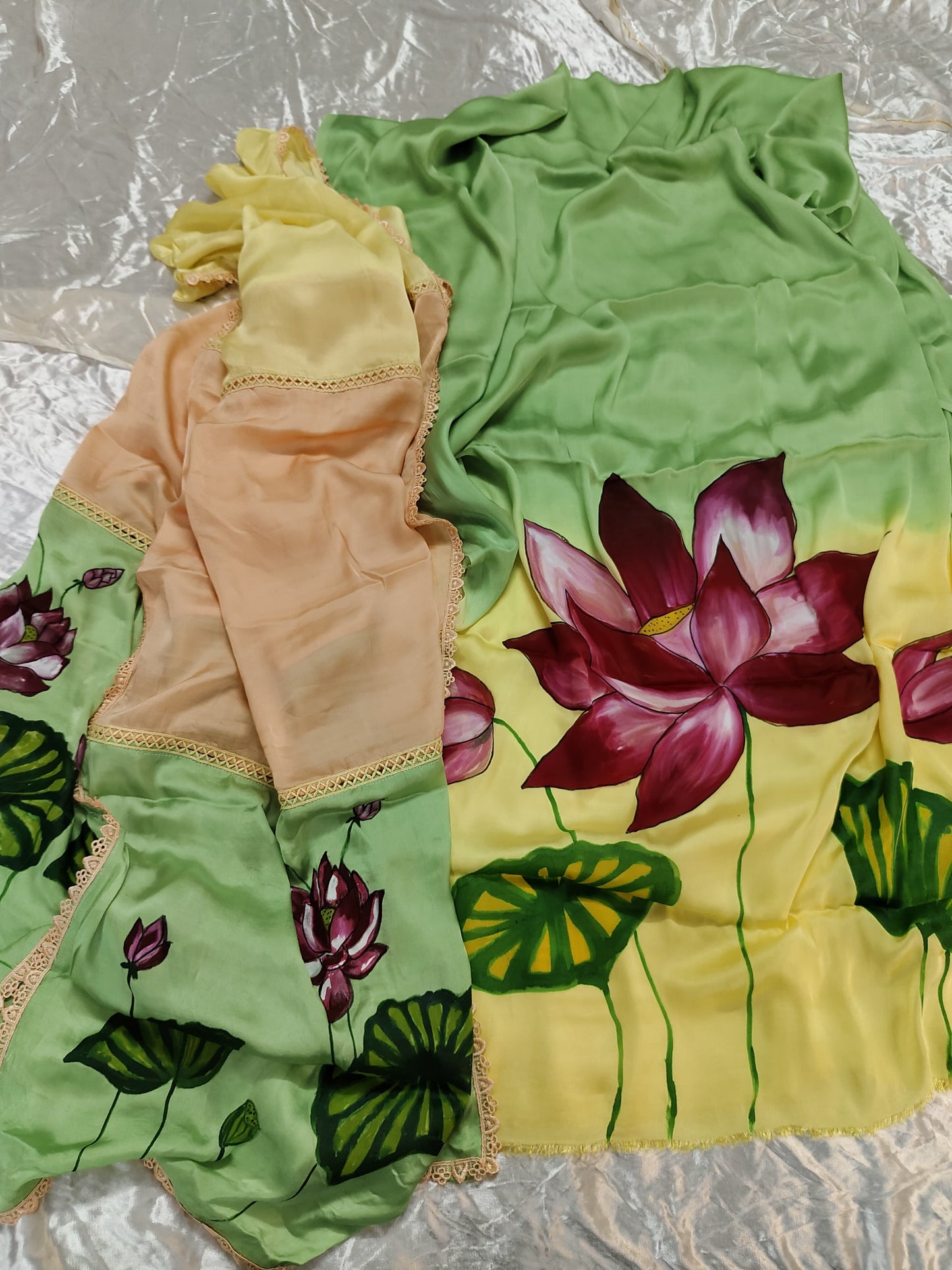 Ombre Shade Flower Motif Hand Painted 2 Piece Suit Material with Modal Silk Dupatta