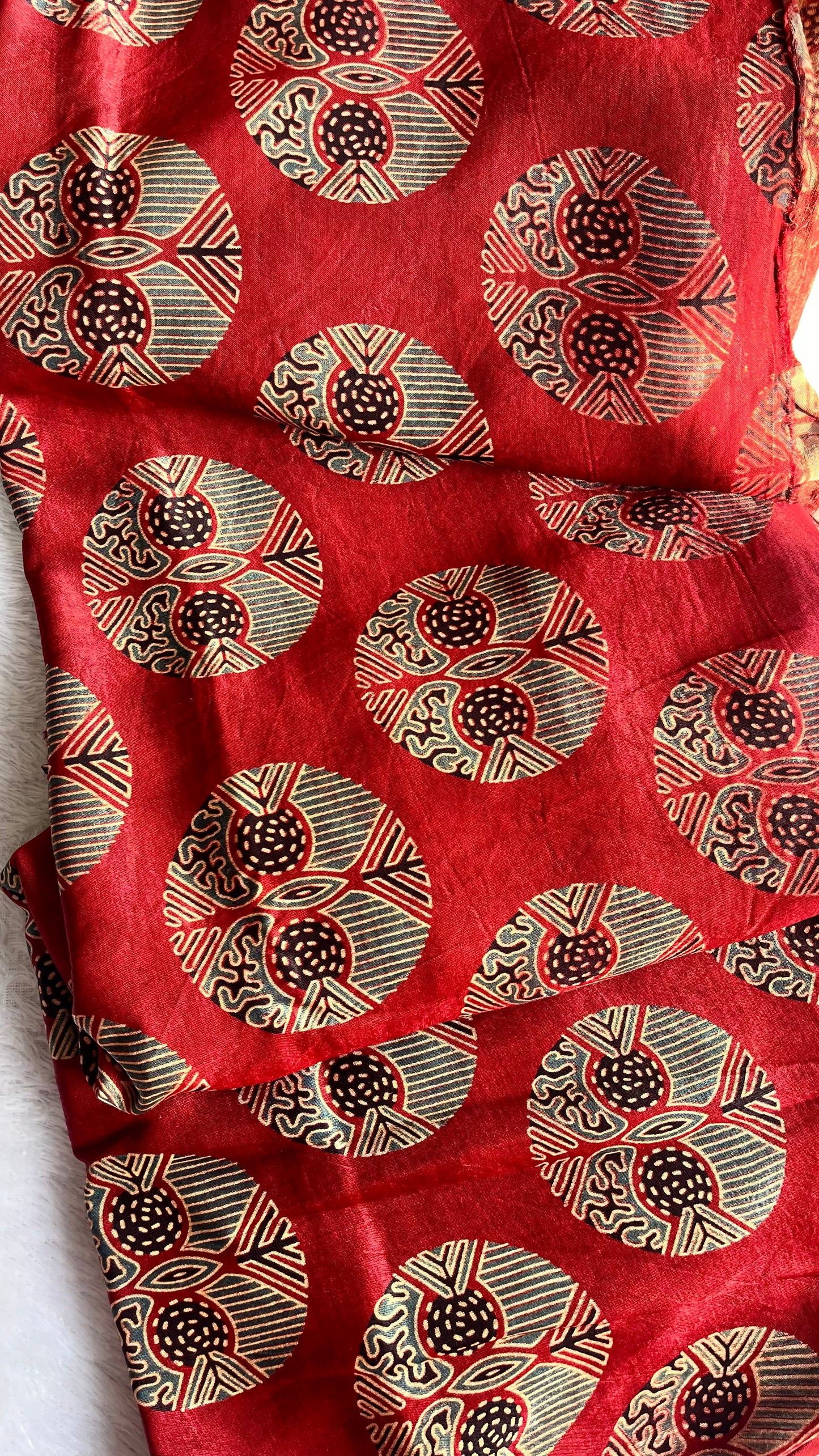 Cut Piece Red Circle Motif Ajrakh Mashru Silk Fabric