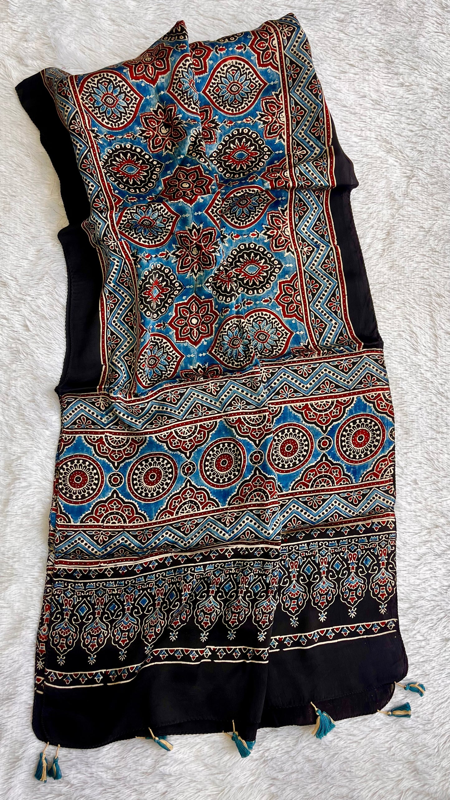 Blue and Black Badaam Buti Motif Ajrakh Hand Block Print Modal Silk Stole with Tassels