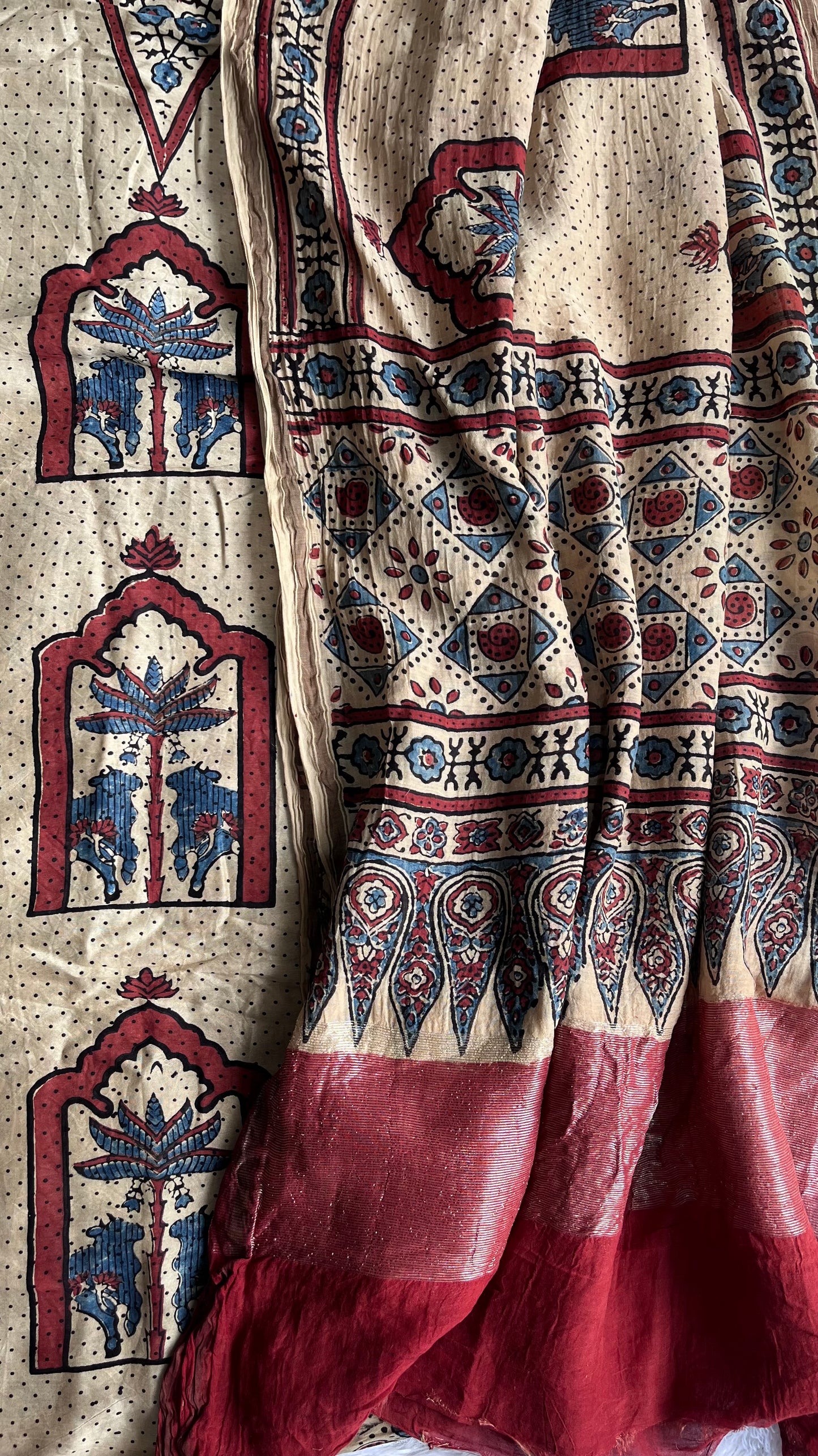 Milky White and Red Jharokha Motif Chanderi Silk Suit set with Ajrakh Hand Block Printing