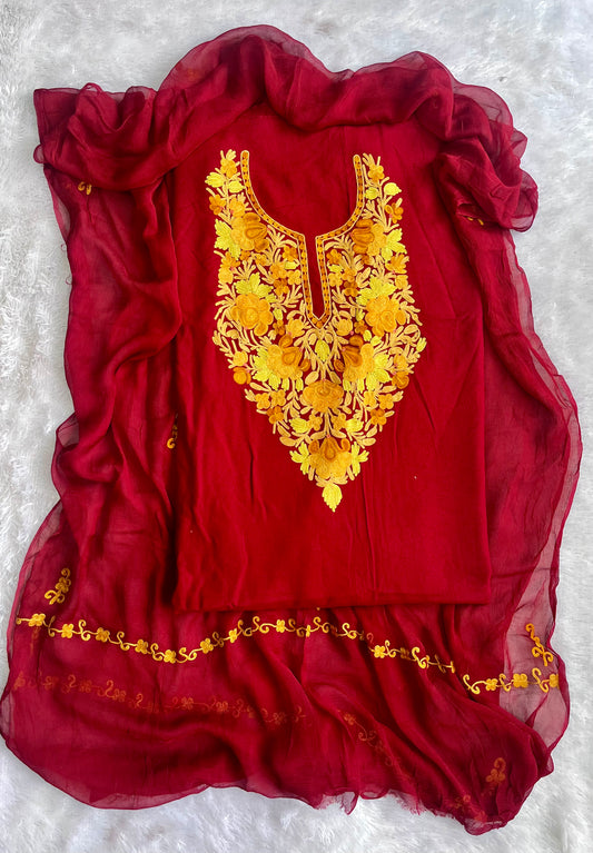 Deep Maroon with Mustard Muslin Cotton Kashmiri Aari Embroidered 3pc Suit Set