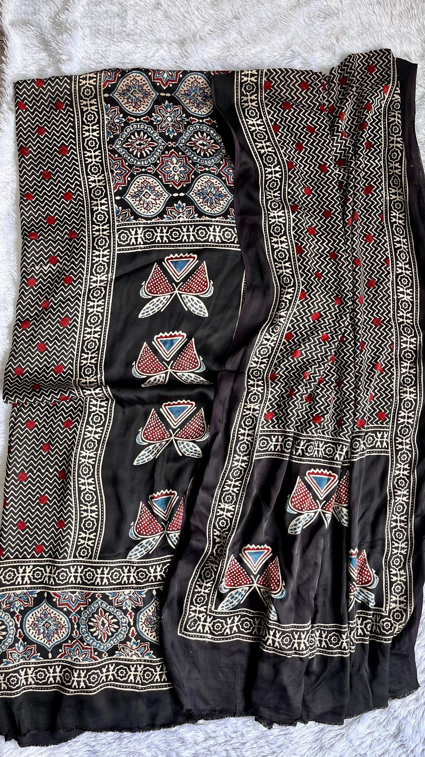 Black Butterfly and Badaam Buta Motif Modal Silk Suit Material with Ajrakh Modal Dupatta