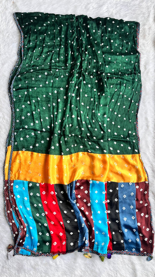 Bottle Green Bandhej Ajrakh Applique Patchwork Modal Silk Dupatta with Tassels