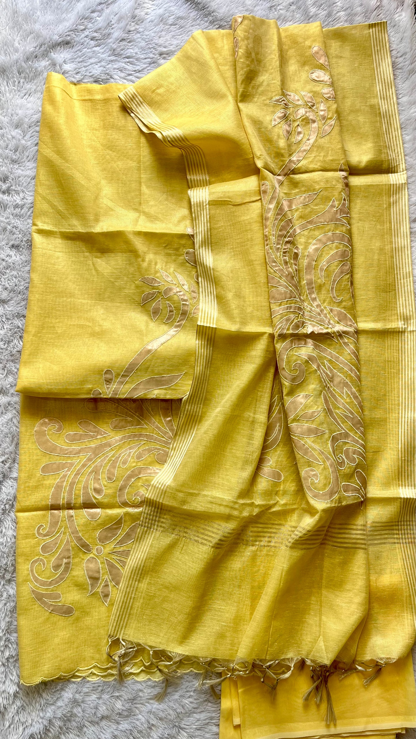 Lemon Yellow Shade Banarasi Tissue Linen 3-Piece Suit with All over Applique Work on Daman and Dupatta