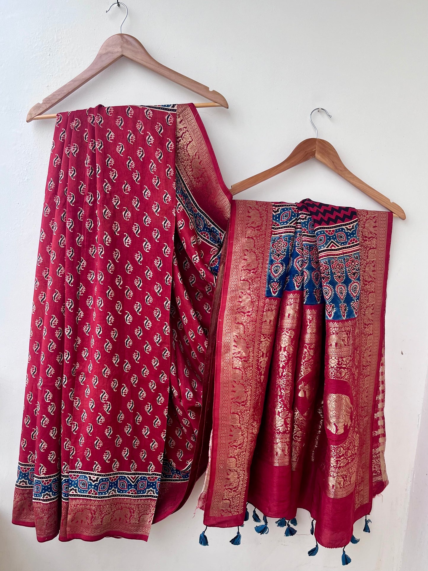 Red Small Flower Buta Motif Ajrakh Hand Block Dola Silk Saree with Zari Pallu (With Blouse)