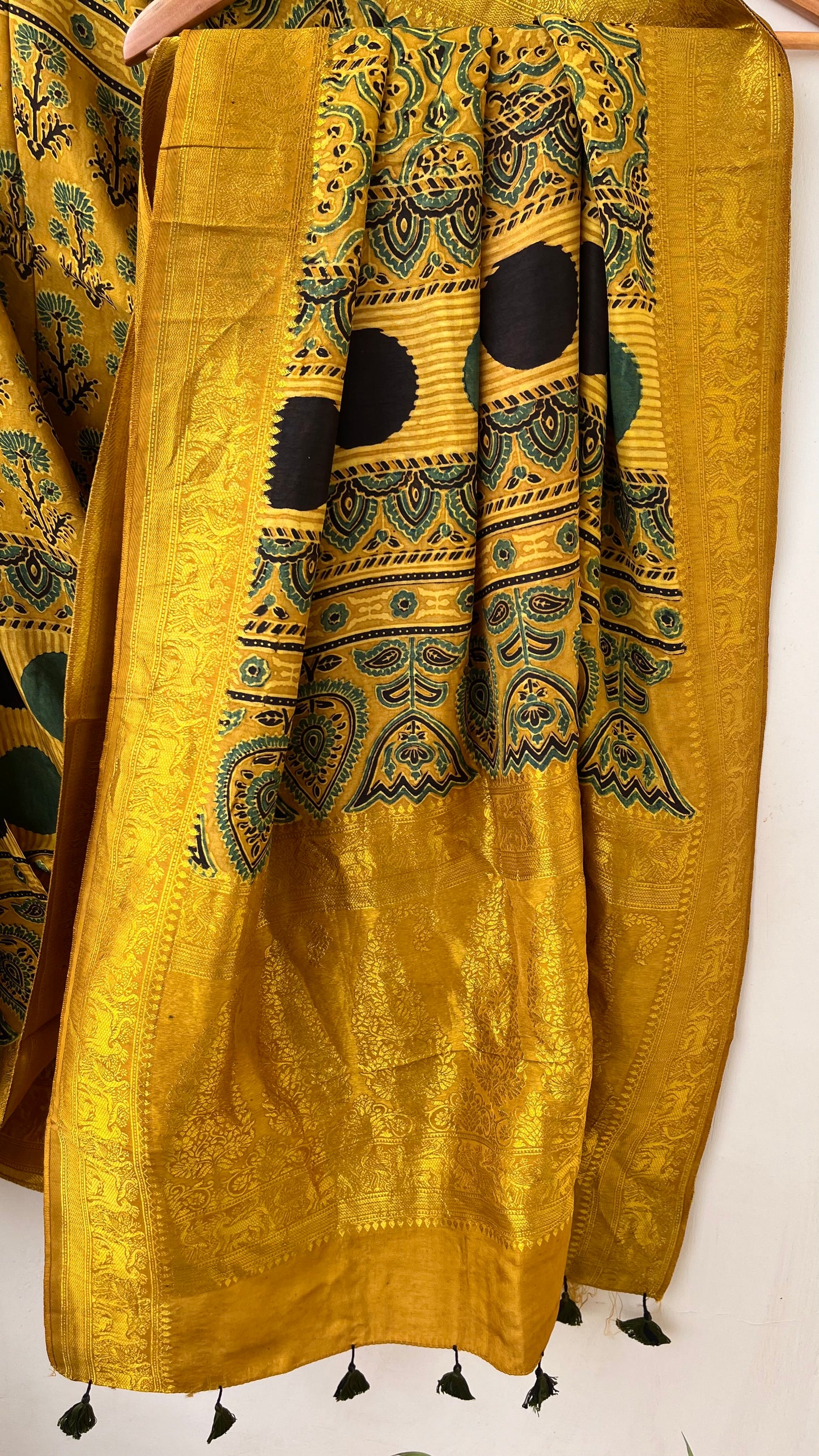 Turmeric Yellow Mugal Buta Motif Ajrakh Hand Block Dola Silk Saree with Zari Pallu (With Blouse)