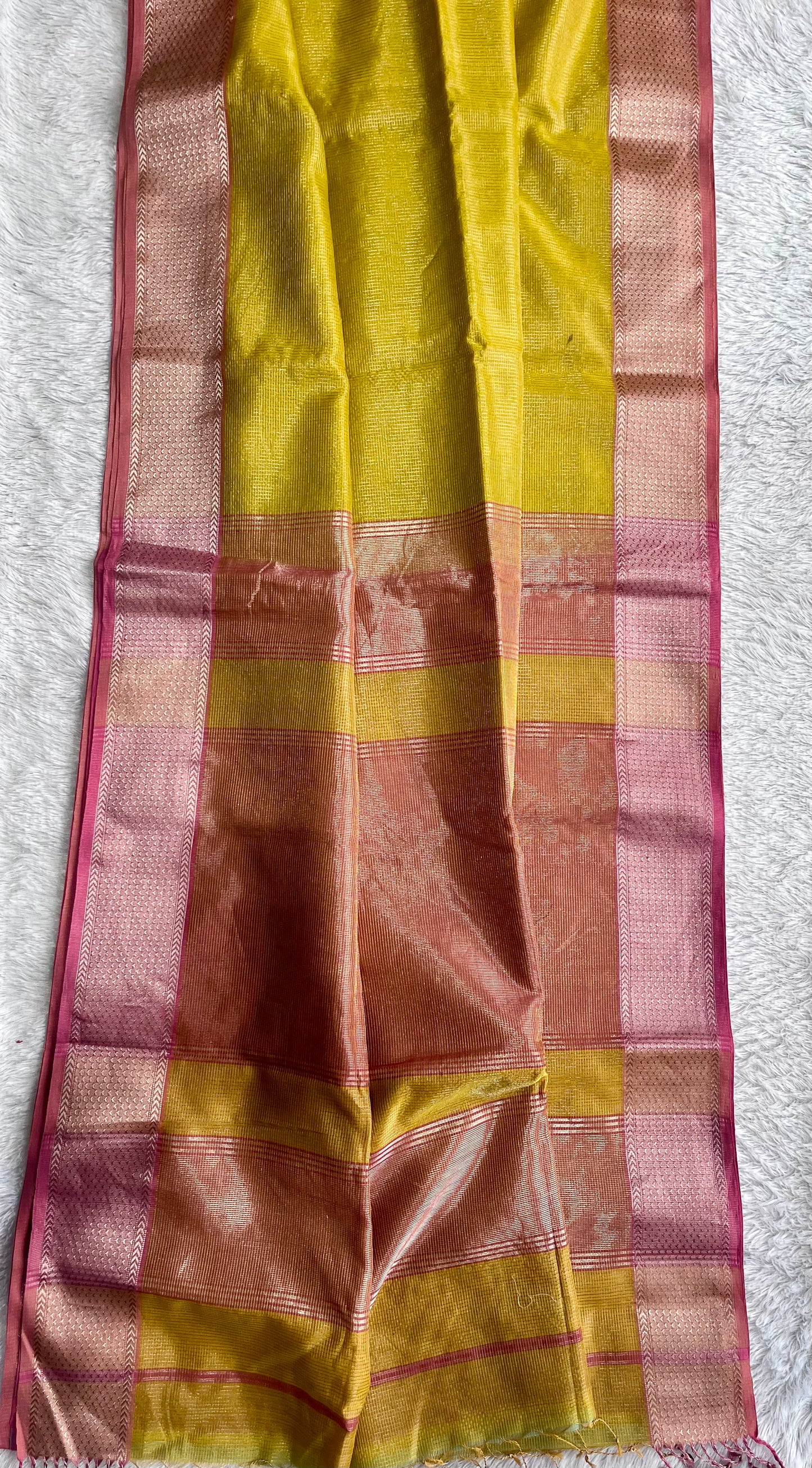 Sunshine Yellow with Pink Zari Border Handwoven Maheshwari Tissue Silk Saree