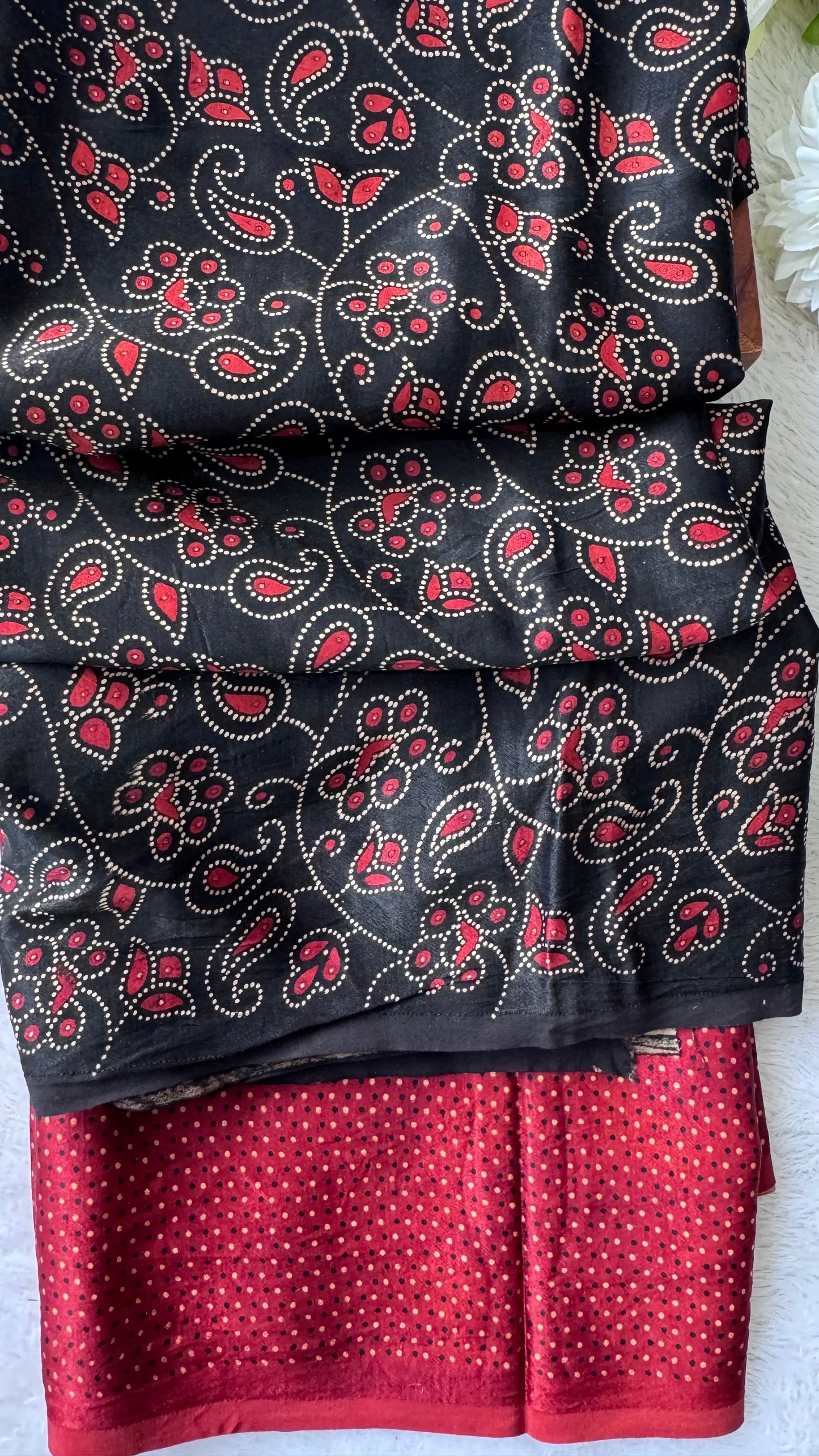 Black and Red Floral Motif and Asopallav Ajrakh Mashru Silk Kurta Pant Fabric