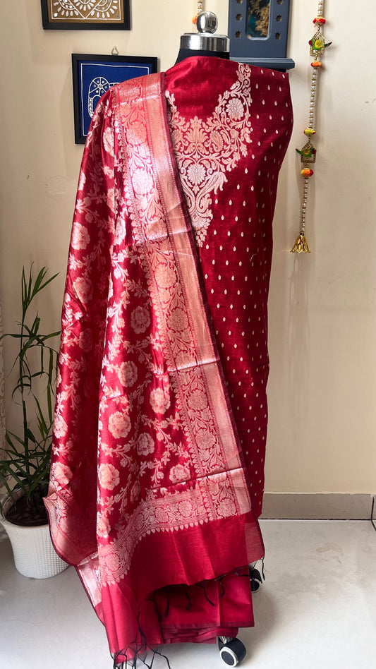 Sindoori Laal Shade Banarasi Silk Cotton 3-Piece Suit with Banarasi Woven Yoke & Dupatta